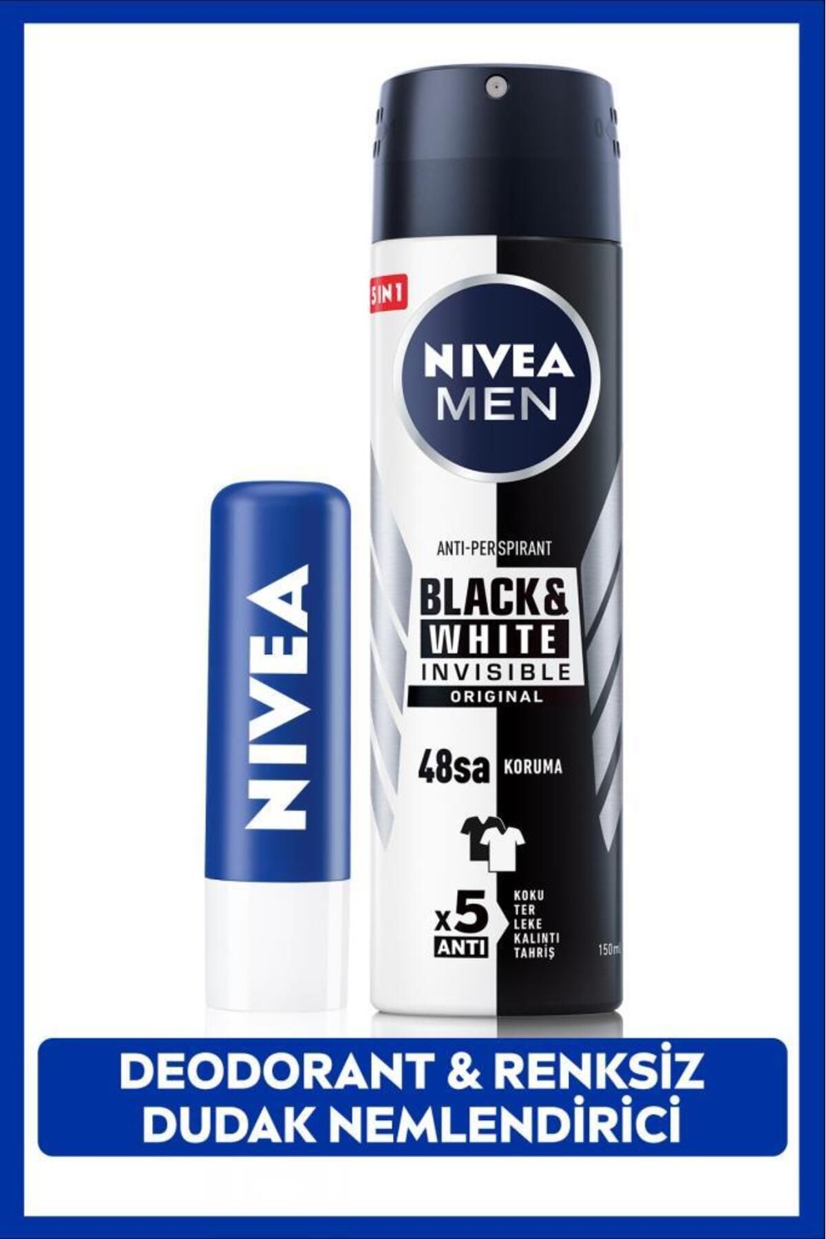 NIVEA MEN Мужской дезодорант-спрей Black&White Invisible Original 150 мл и бесцветный крем для губ Original Care SET.NVE.953