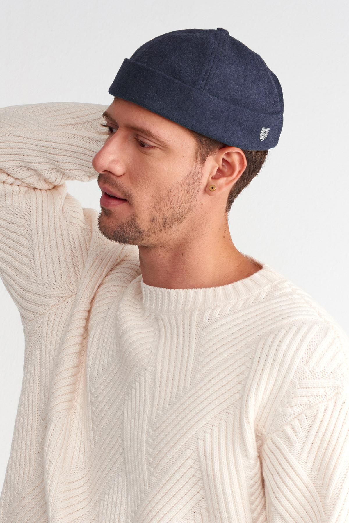 K lah Men s Street Style Wool Brimless Hat Navy Blue Docker Cap