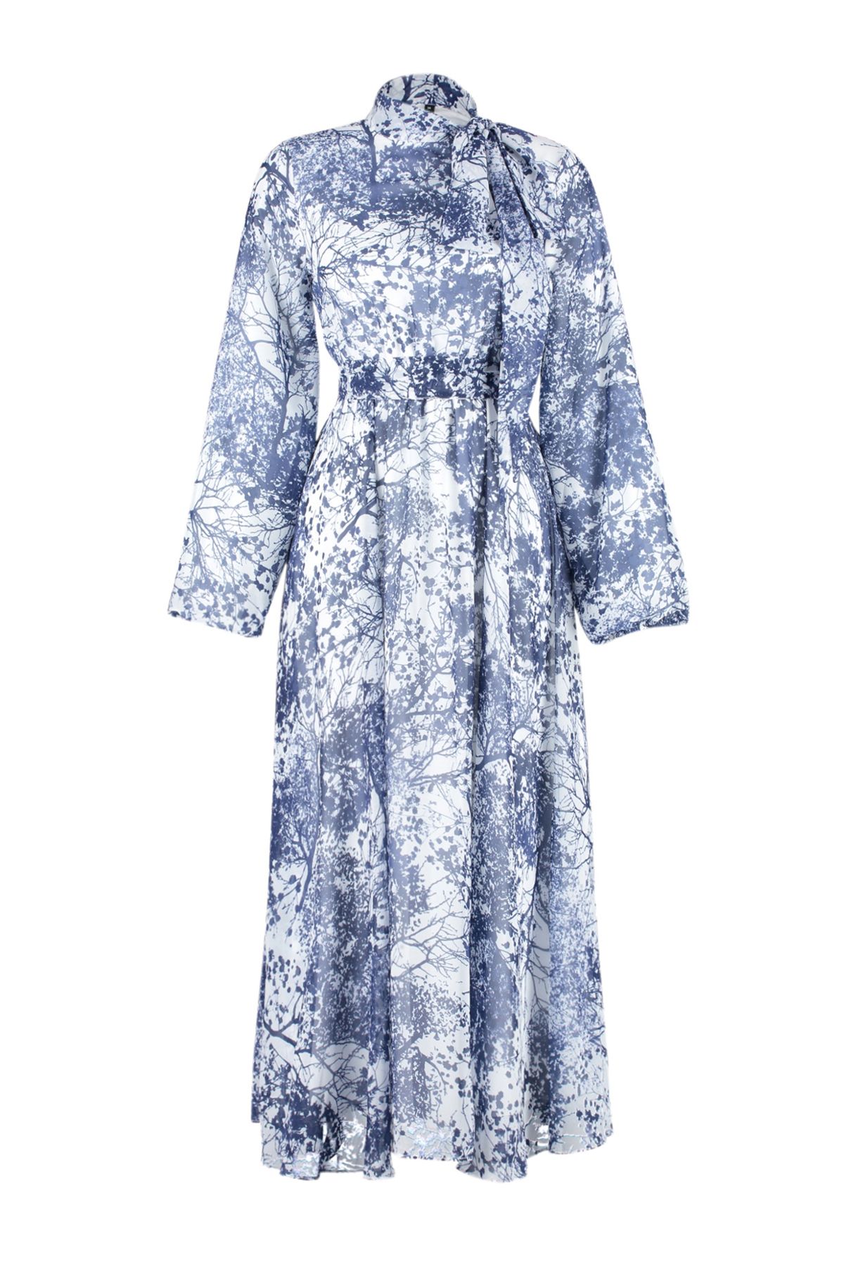 Trendyol Modest-Blaues, langes Abendkleid aus Chiffon mit Blumenmuster und Futter TCTSS24EB00040 7
