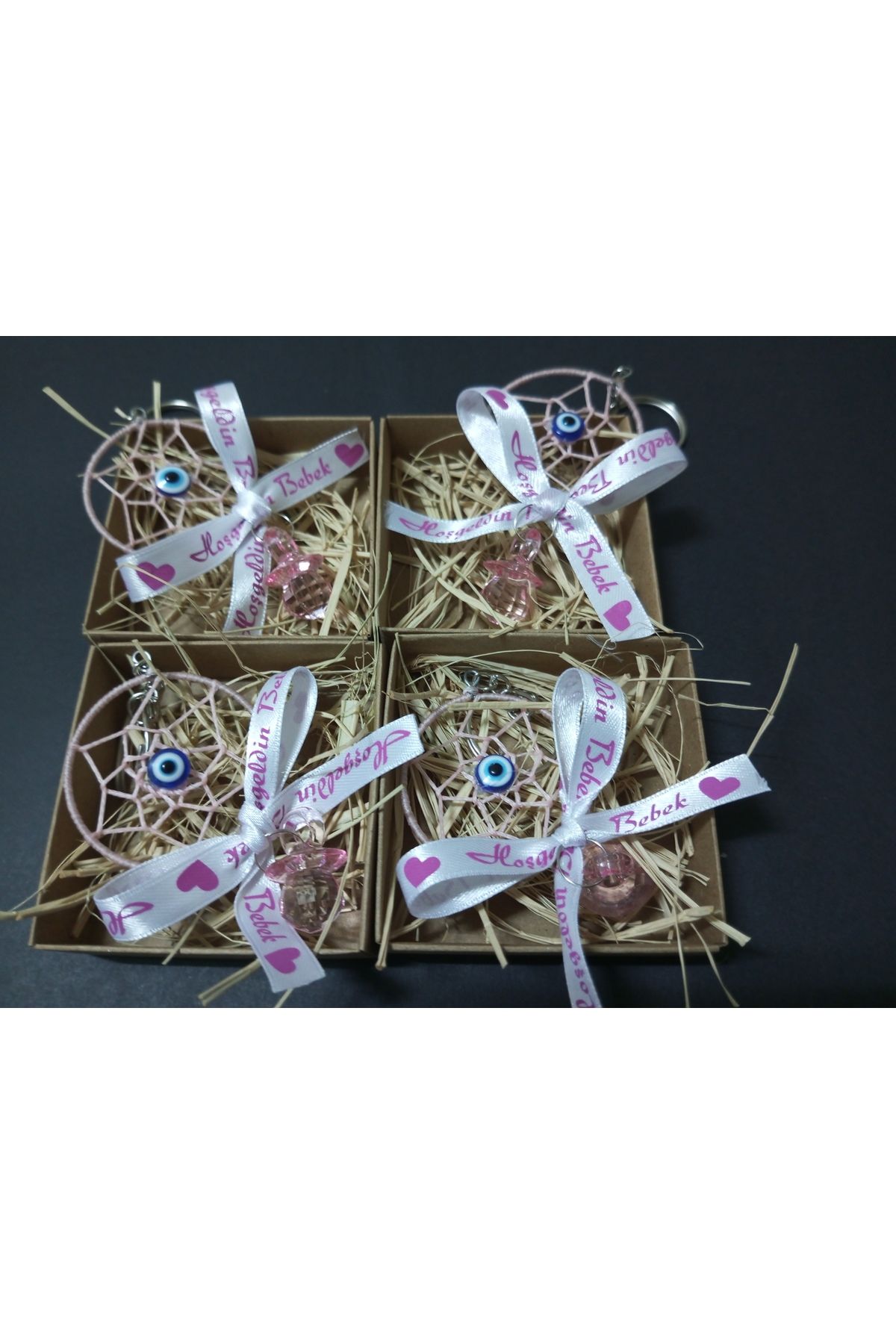 Kraft Kutulu Pembe dreamcather Anahtarlık  Babyshower Yenidoğan Bebek Mevlüd-i Dogumgünü Hediyelik