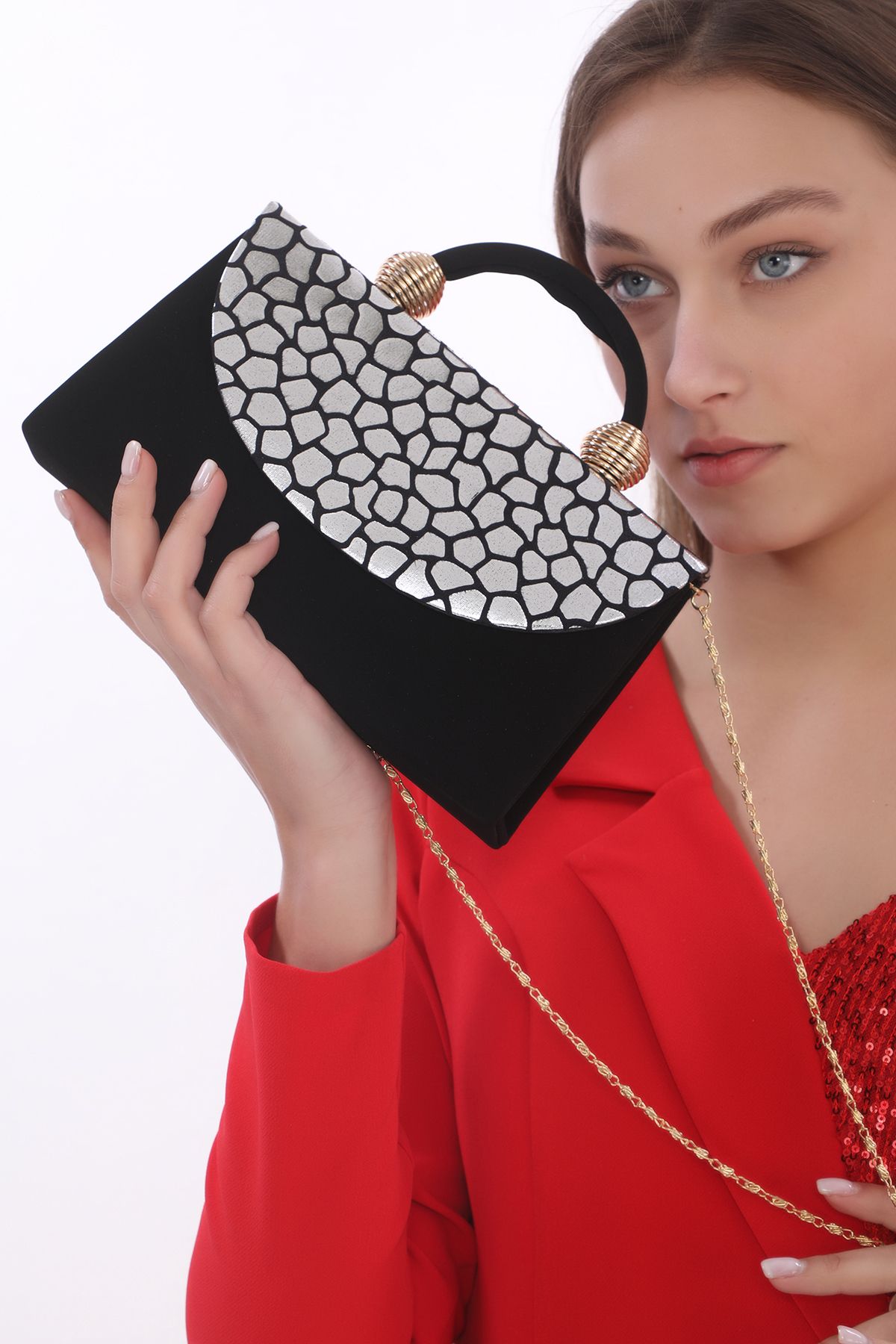womenacs-Culoare neagră din piele intoarsa argintie cu model de sarpe rochie de seara portofoliu de mana si curea lunga (curea cu lant) 2