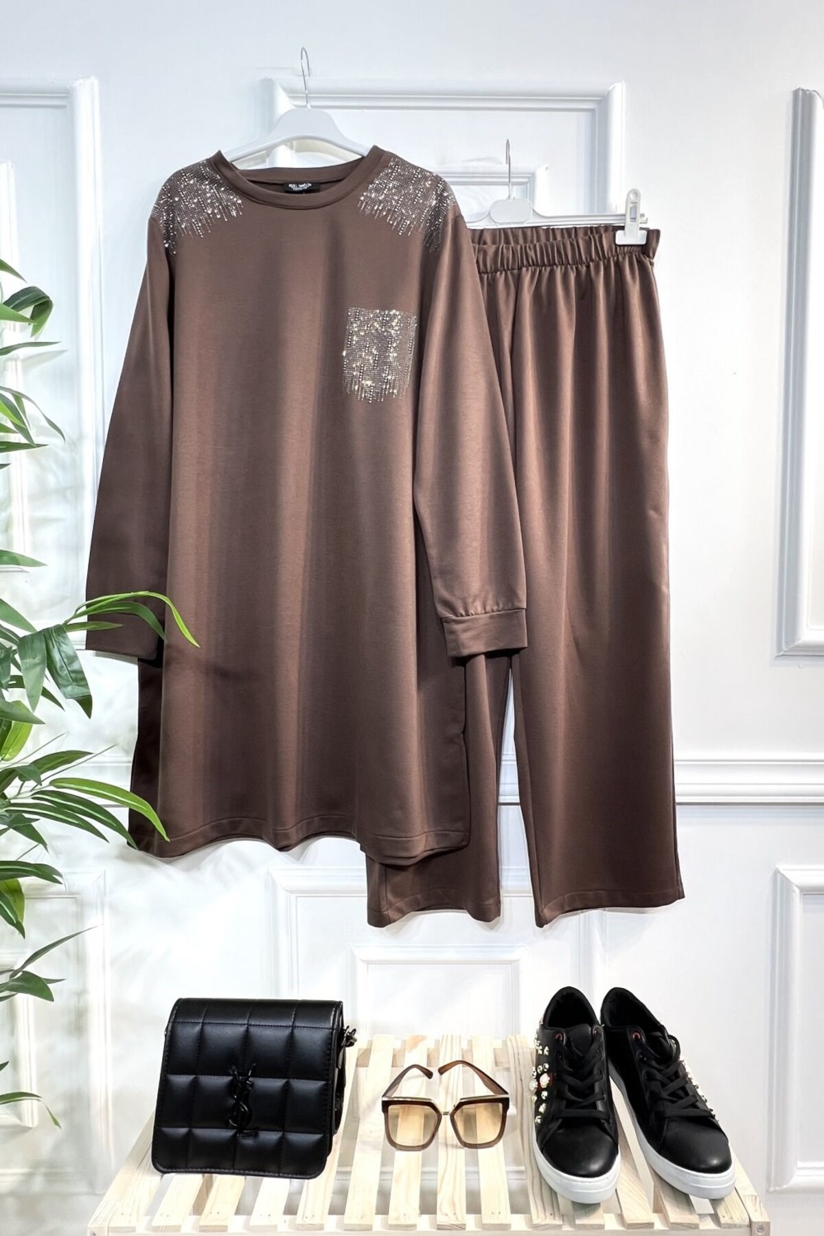 Aşkı Endam Büyük Beden Esved  Taş Detaylı Penye İkili Takım - Kahverengi