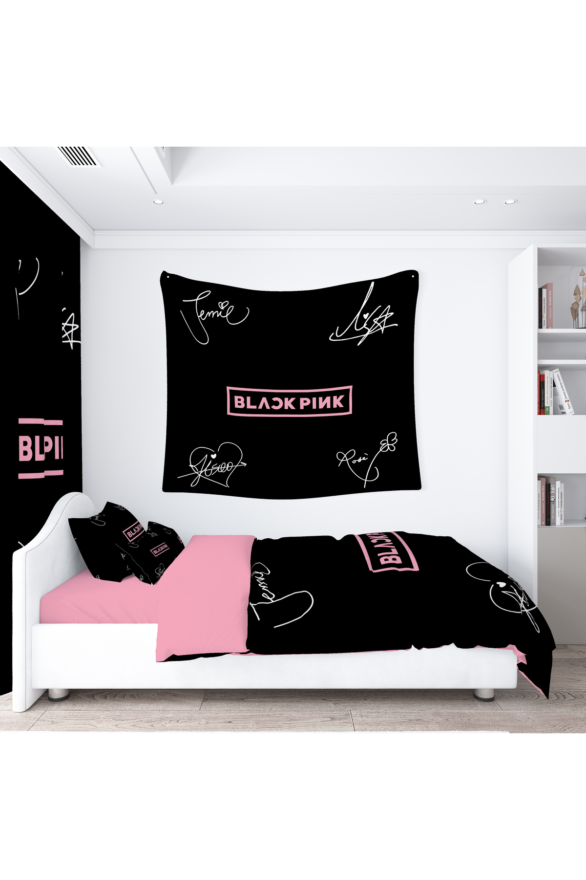 Black Pink 3d Tek Kişilik Çarşafsız Nevresim Takımı, Duvar Halısı Örtüsü SET. 2