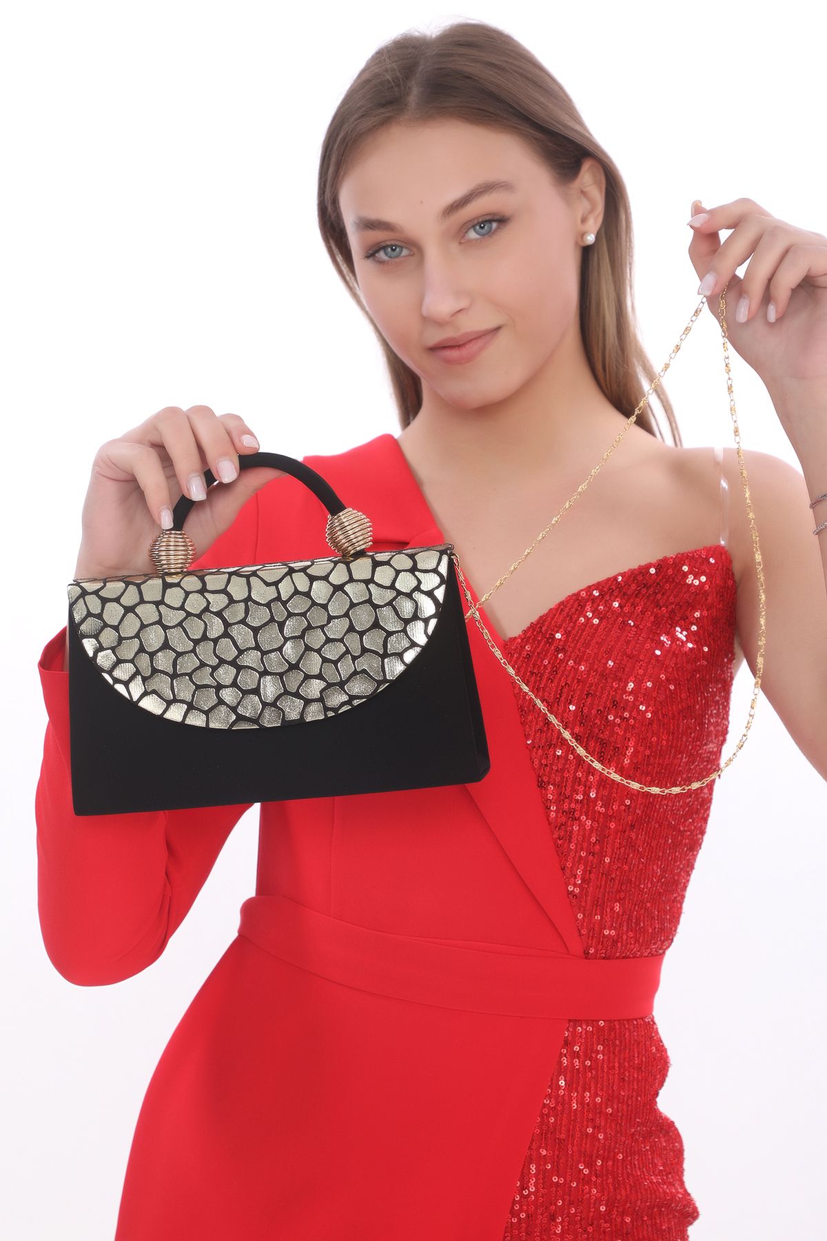 womenacs Rochie De Seară Din Piele Intoarsa De Culoare Neagră, Cu Model De Șarpe Auriu, Portofoliu De Mână Și Curea Lungă (cu Curea Cu Lanț) Femeie -