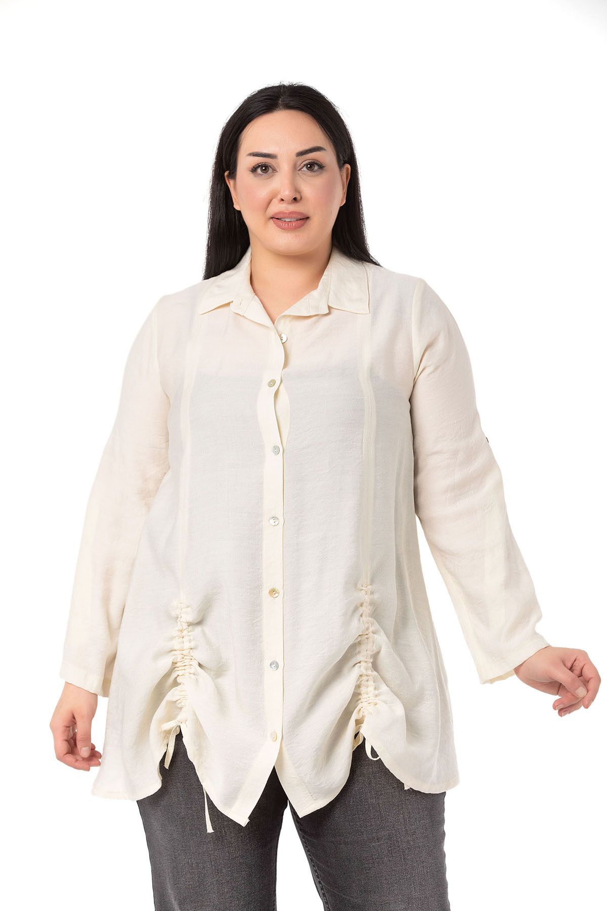 DISENTIS MODEST-Large Size Ecru Shirt with Folded Sleeves and Drawstring on the Bottom 4