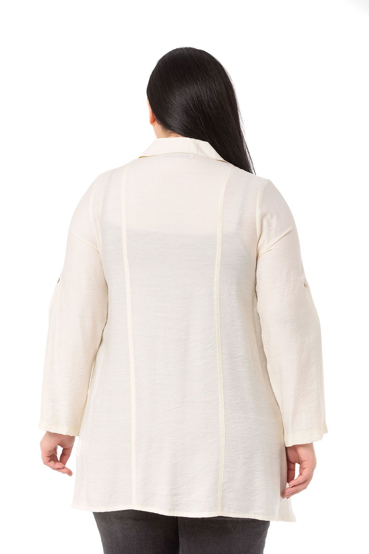 DISENTIS MODEST-Large Size Ecru Shirt with Folded Sleeves and Drawstring on the Bottom 3
