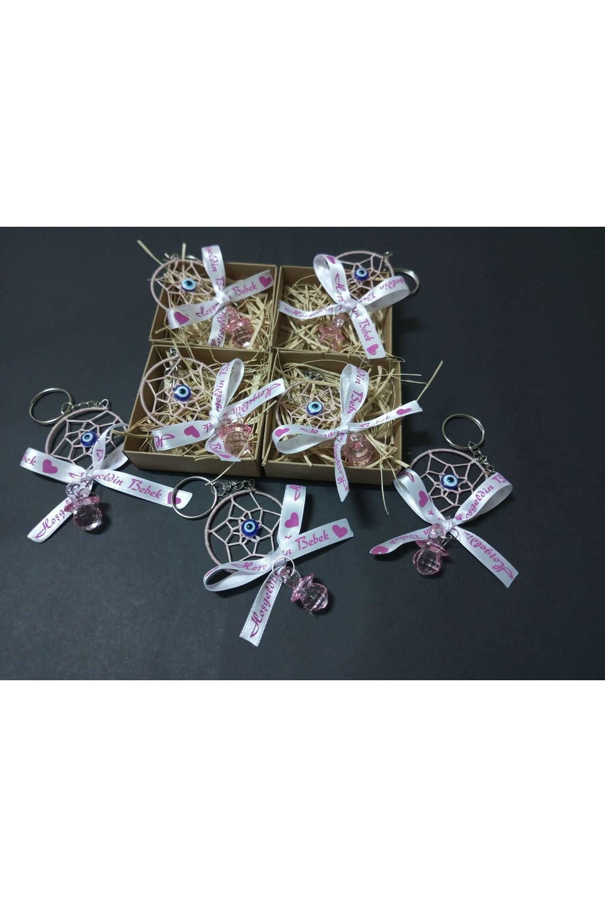 Kraft Kutulu Pembe dreamcather Anahtarlık  Babyshower Yenidoğan Bebek Mevlüd-i Dogumgünü Hediyelik