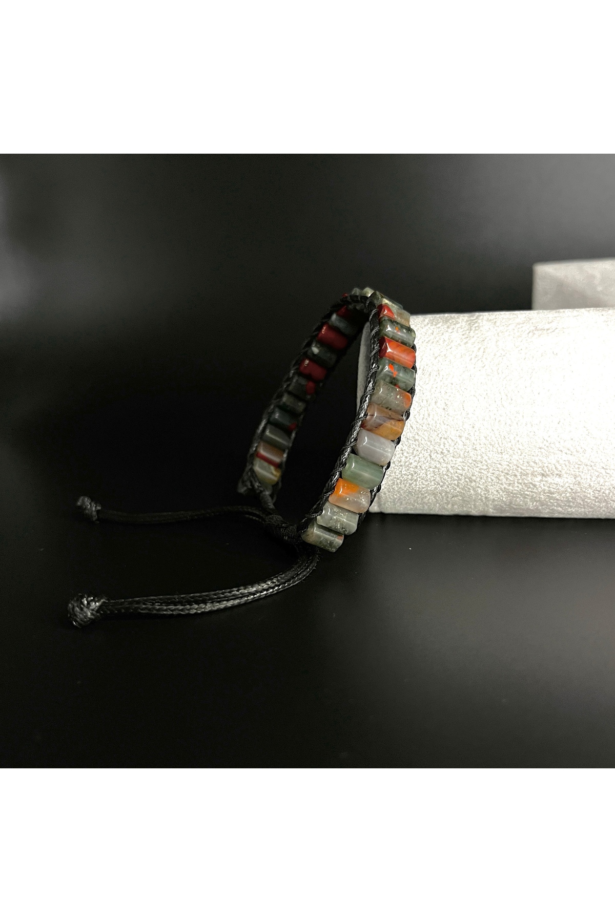 SERTİFİKALI Kan Taşı Silindir Kesim Makrome Doğal Taş Deri Bileklik Unisex 8