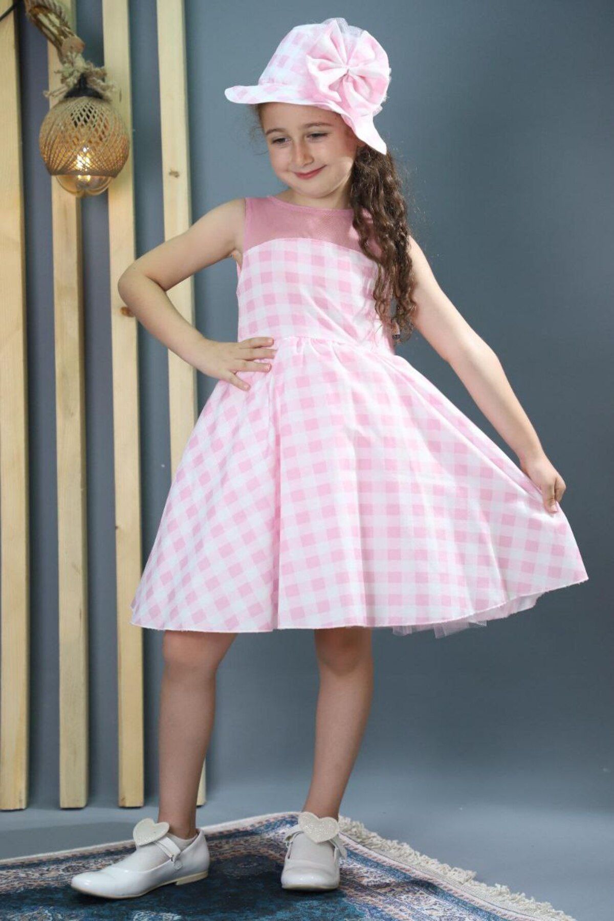 ABİYEKİDS Barbie Şapkalı Ekoseli Çocuk Elbisesi ABY131