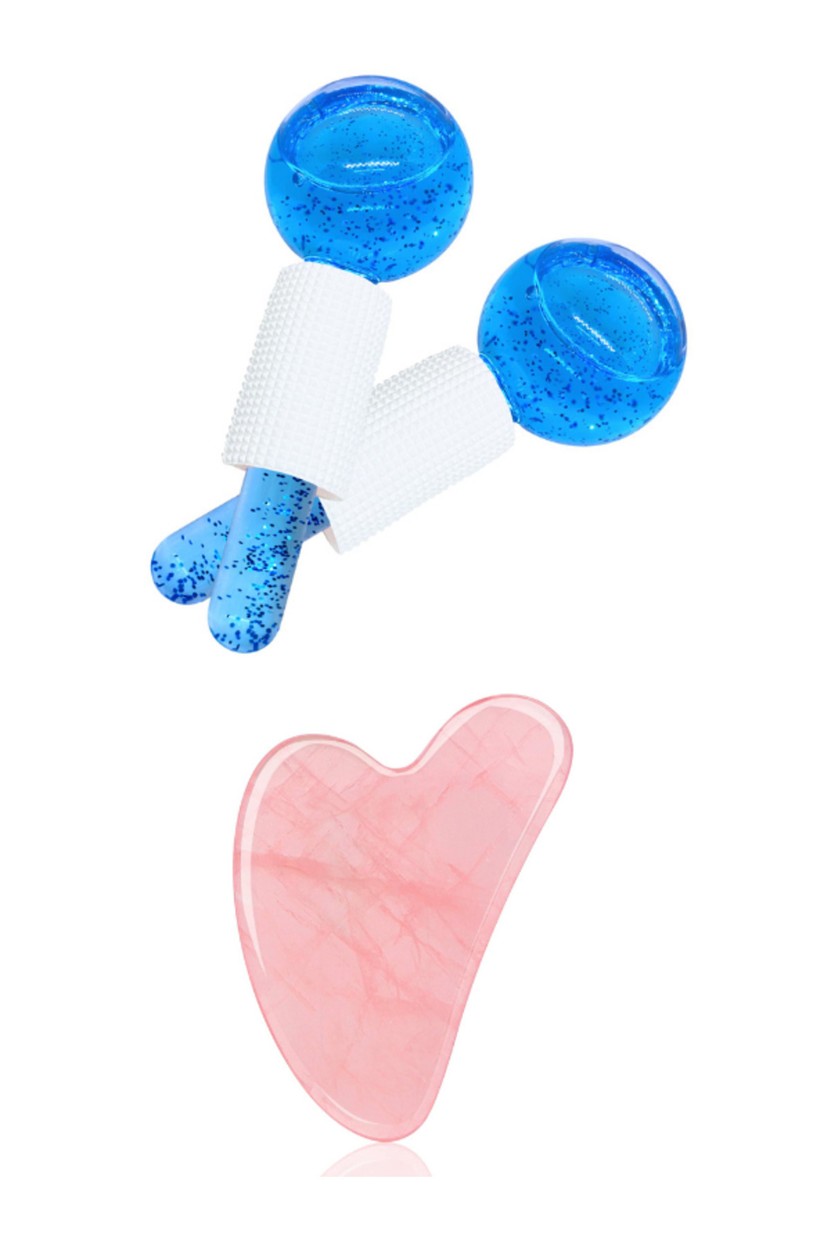 Welta Ice Globes Buz Küresi Soğuk Masaj ve Terapi Topu 2 Adet Mavi Ve Pembe Kalp Gua Sha Yüz Masaj Taşı