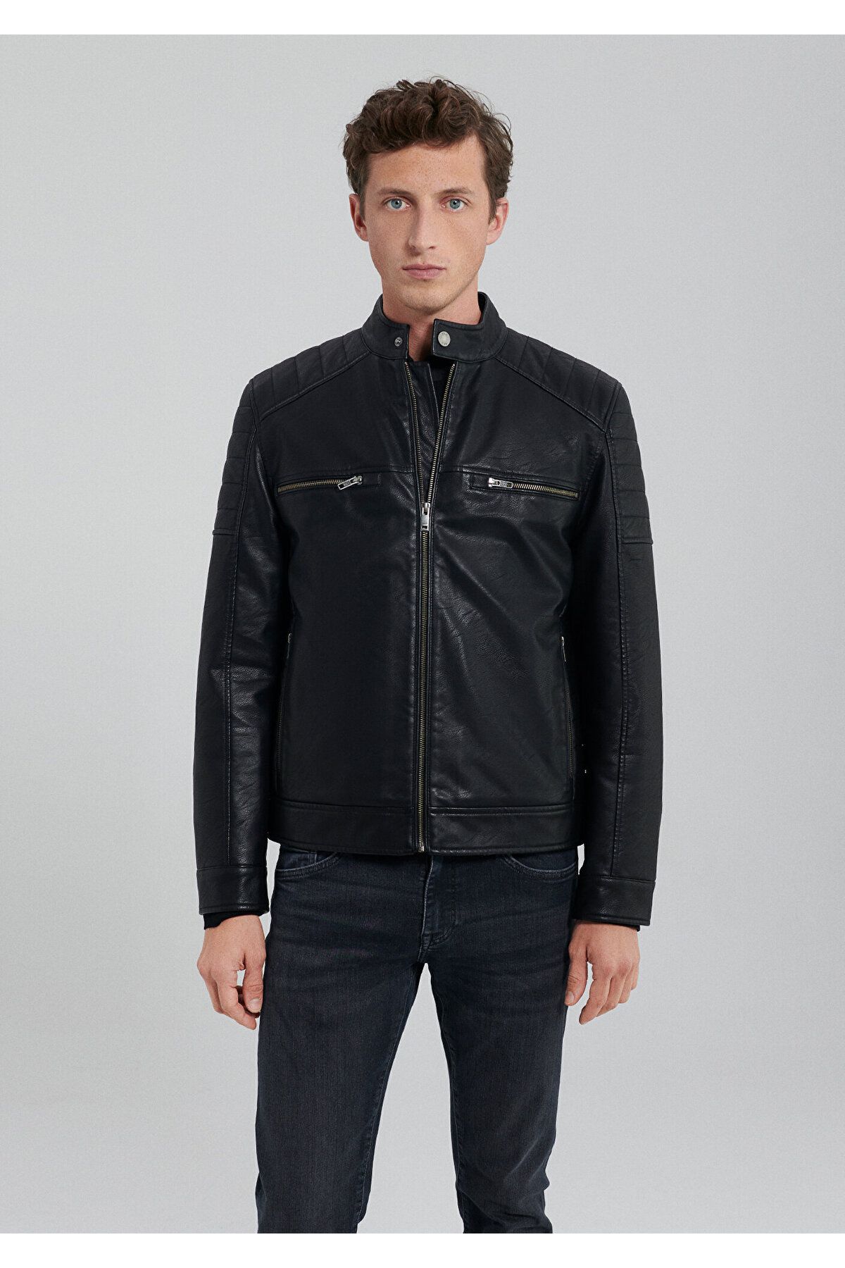Mavi ژاکت چرمی مصنوعی سیاه و سفید باریک / برش 0110345-900