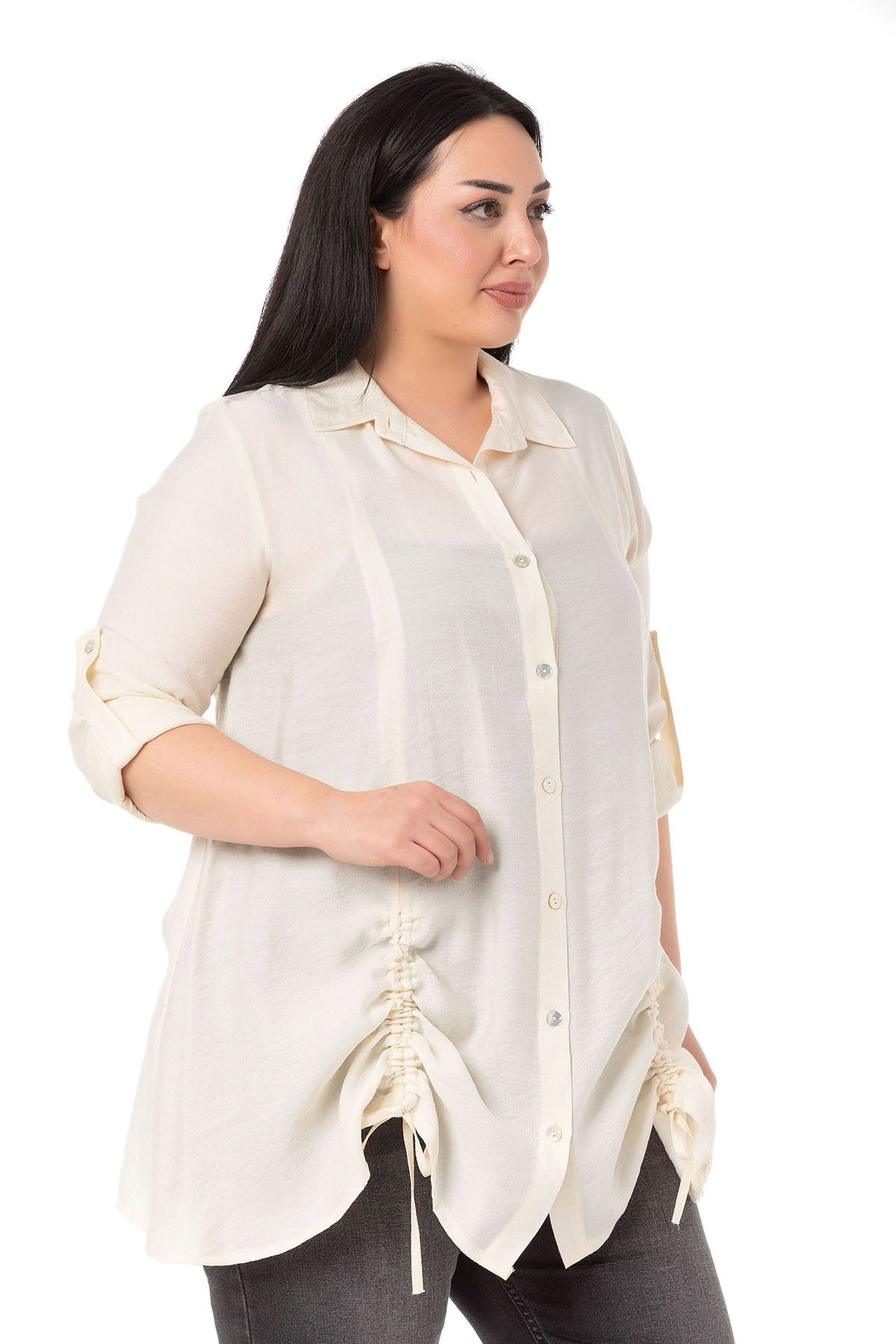 DISENTIS MODEST-Large Size Ecru Shirt with Folded Sleeves and Drawstring on the Bottom 5