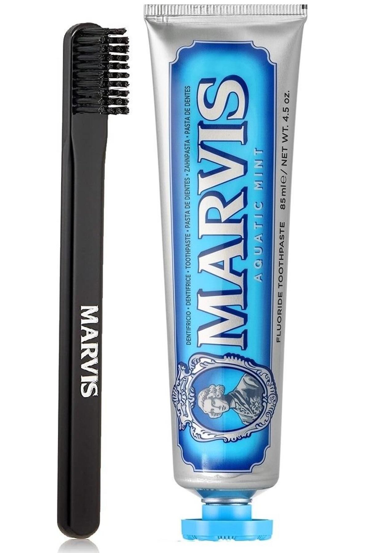 خمیردندان نعناع آبزی 85 میل + مسواک سخت متوسط ​​سیاه 2 مجموعه مراقبت ماوریس Marvis
