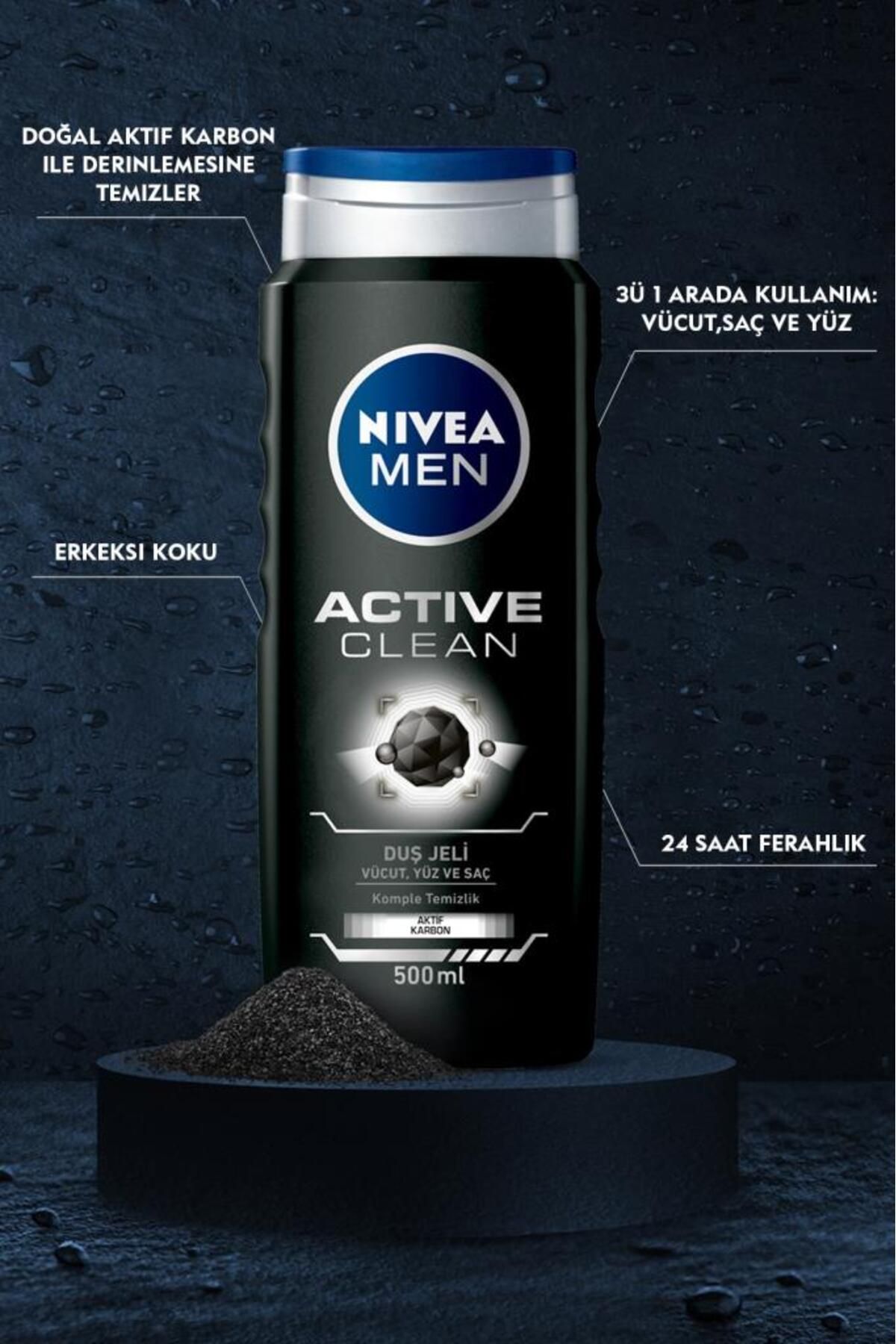 NIVEA ژل حمام مردانه فعال تمیز کننده 500 میلی لیتر، بدن صد مو، تازگی 24 ساعته، کربن فعال، بوی مردانه