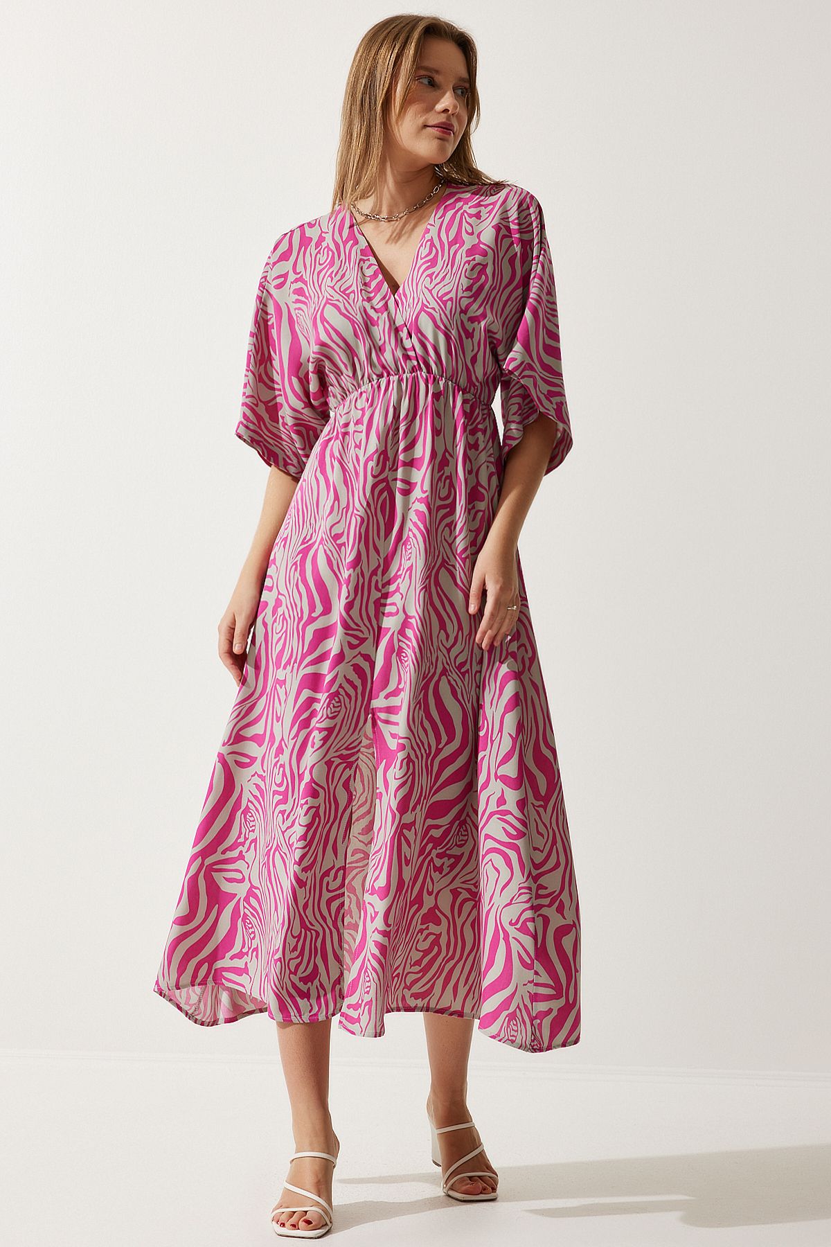 Happiness İstanbul Women's Pink Gray Wraped Collar Patterned Summer Viscose Dress DK00166