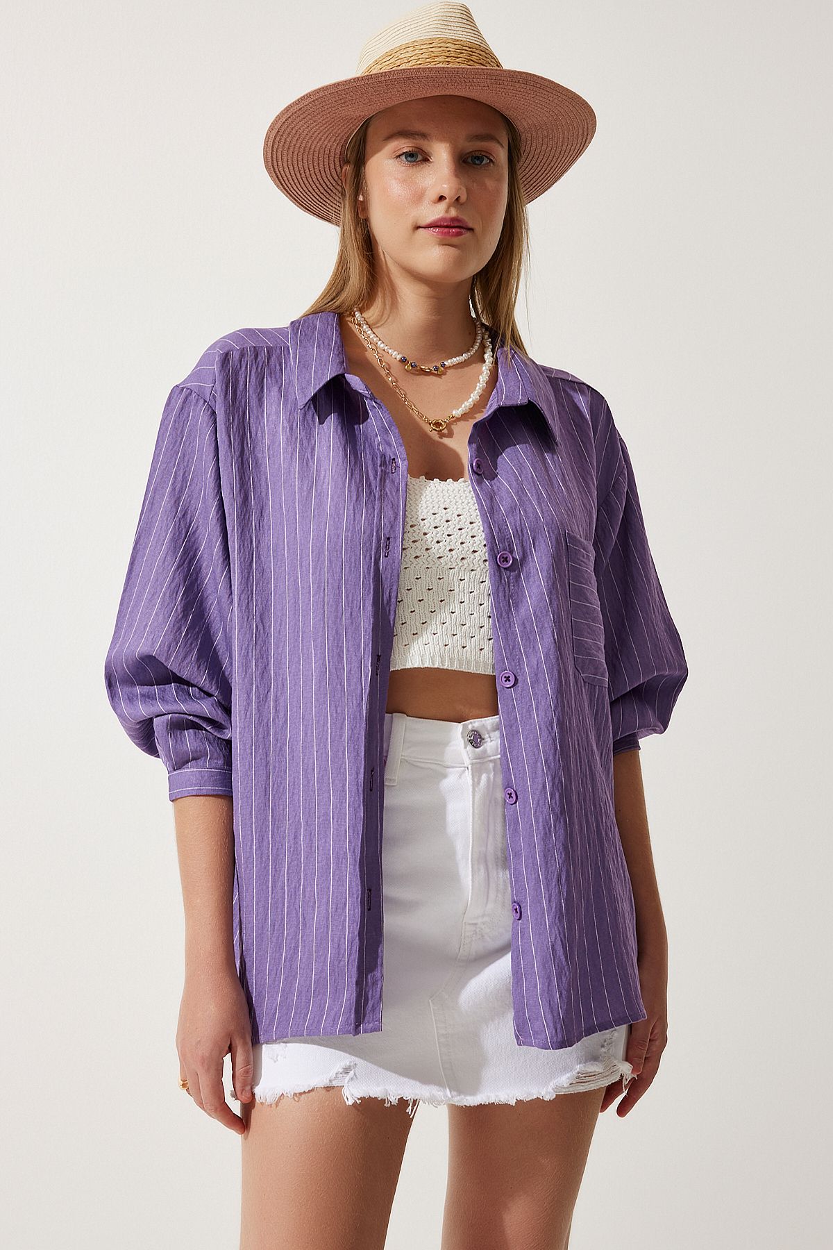 Happiness İstanbul-Women's Purple Striped Pocket Viscose Shirt DE00030 2