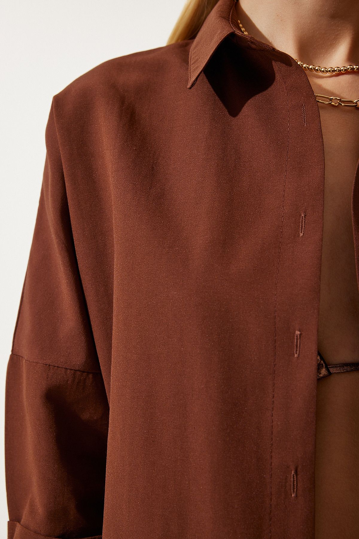 Kadın Çikolata Oversize Uzun Basic Gömlek  DD00842