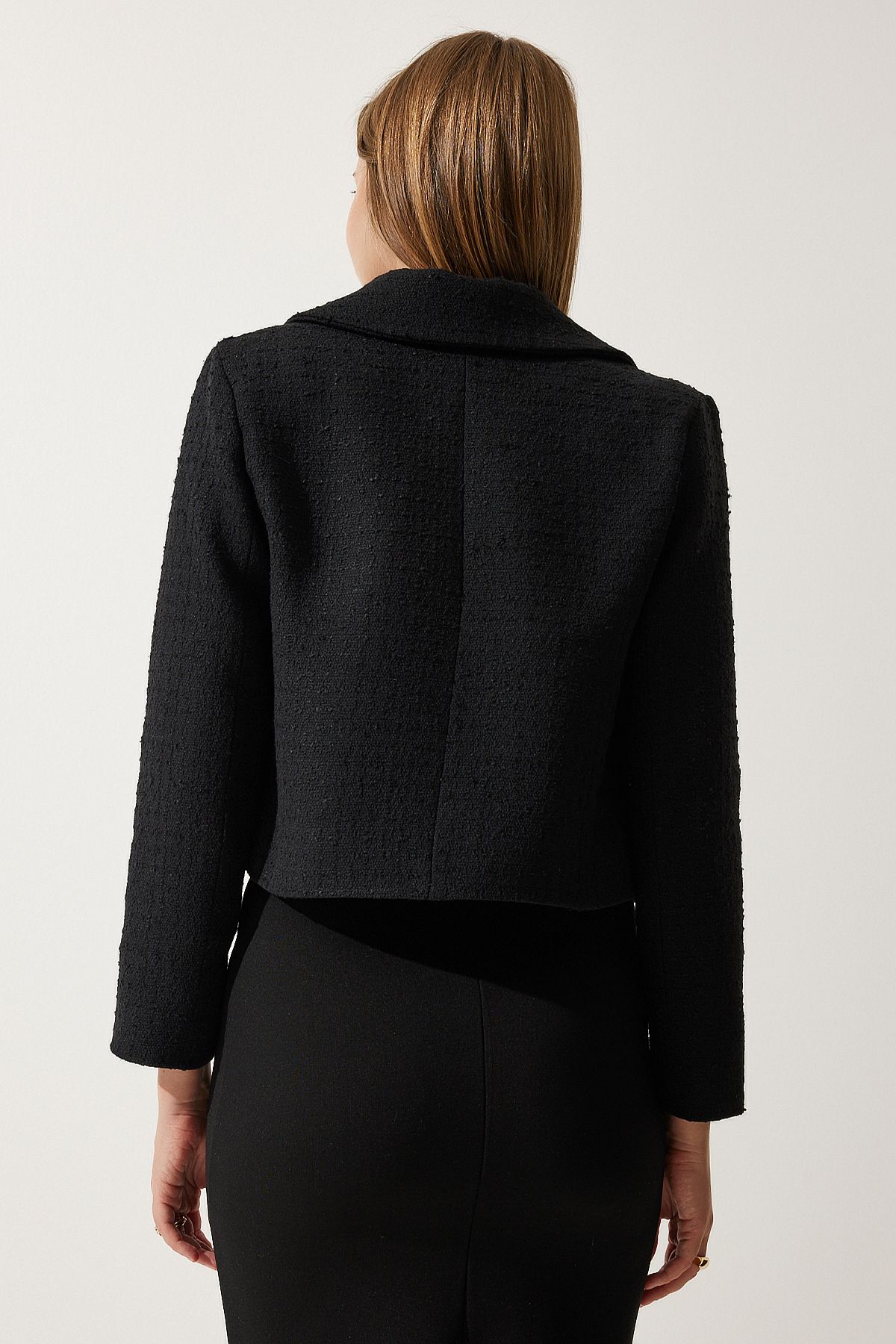 Happiness İstanbul-Schwarzer kurzer Tweed-Blazer für Damen TO00039 4