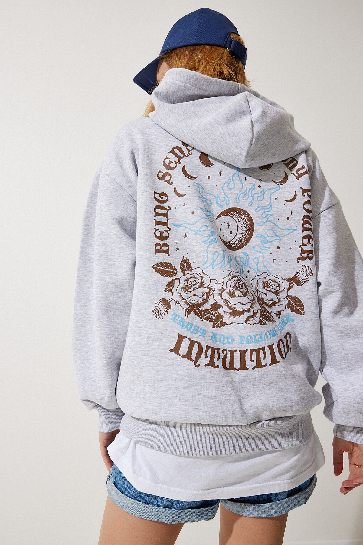Happiness İstanbul  Kadın Gri Kapüşonlu Şardonlu Örme Sweatshirt UB00251 - Görsel 3