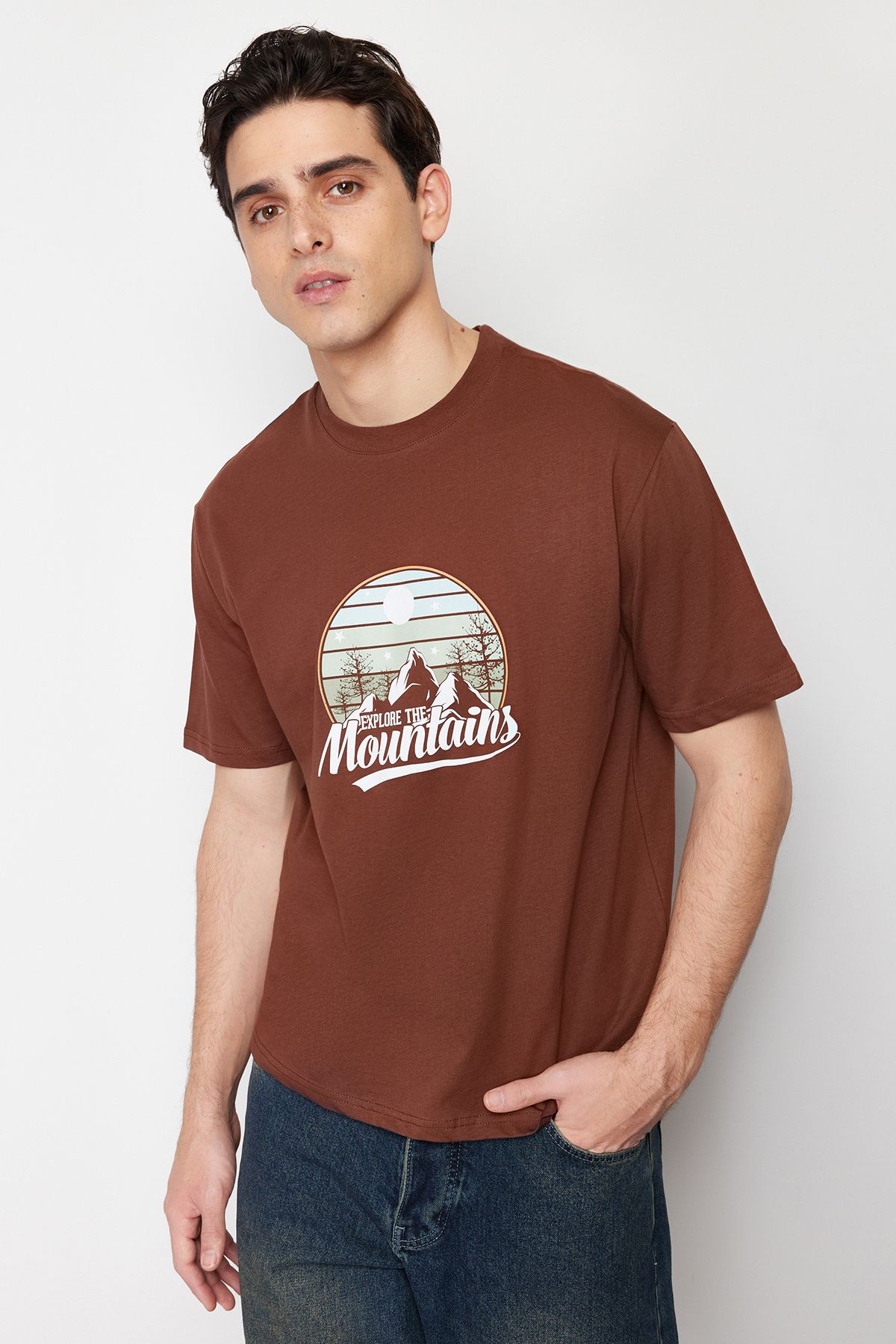 Trendyol Collection-Scenery Printed Brown Oversize Cotton T-Shirt - Tmnss23Ts00206 3