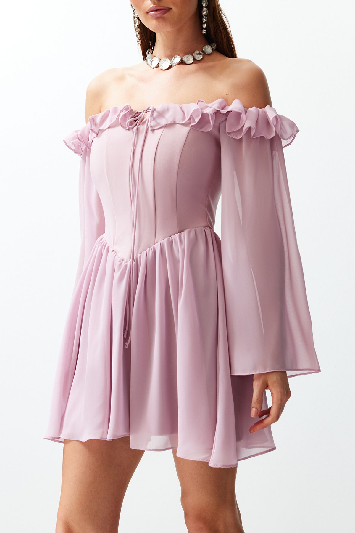 Trendyol Collection-Βραδινό κοντό βραδινό φόρεμα αποφοίτησης με φόδρα σε γραμμή Α με υφαντό σιφόν με υφαντό σιφόν TPRSS23EL00096 4