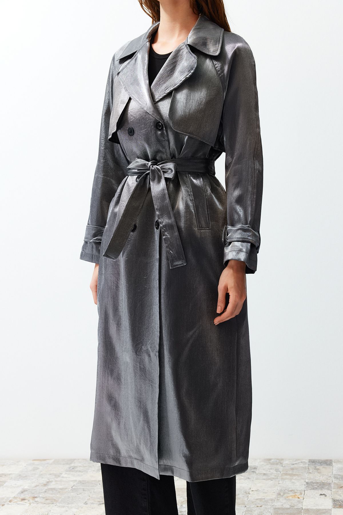 Trendyol Collection-Anthracite Oversize Wide Cut Belted Trench Coat TWOSS24TR00010 5
