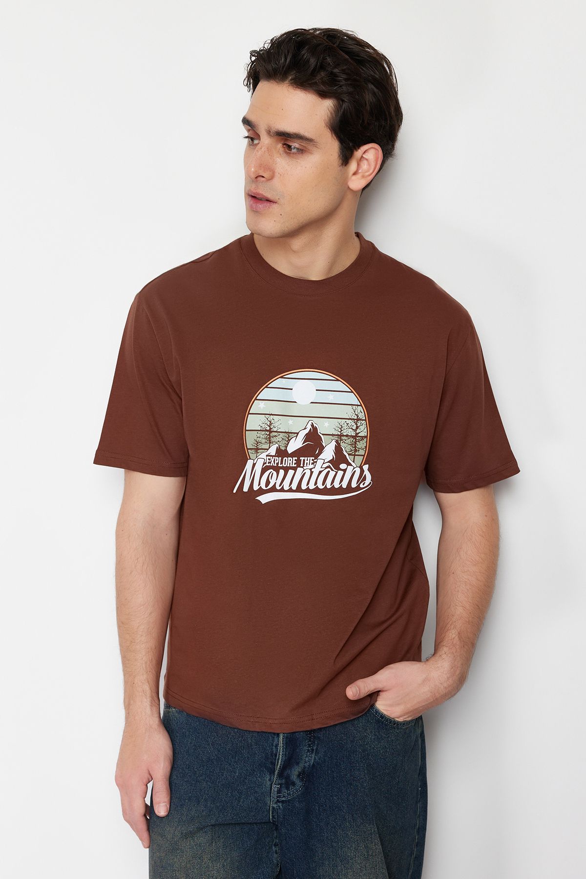 Trendyol Collection-Scenery Printed Brown Oversize Cotton T-Shirt - Tmnss23Ts00206 1