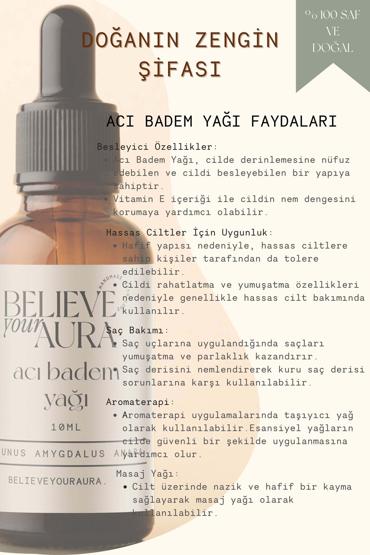 روغن بادام تلخ - روغن مراقبت از پوست و مو 100% خالص و طبیعی - روغن بادام تلخ - 10 میلی لیتر Believe Your Aura