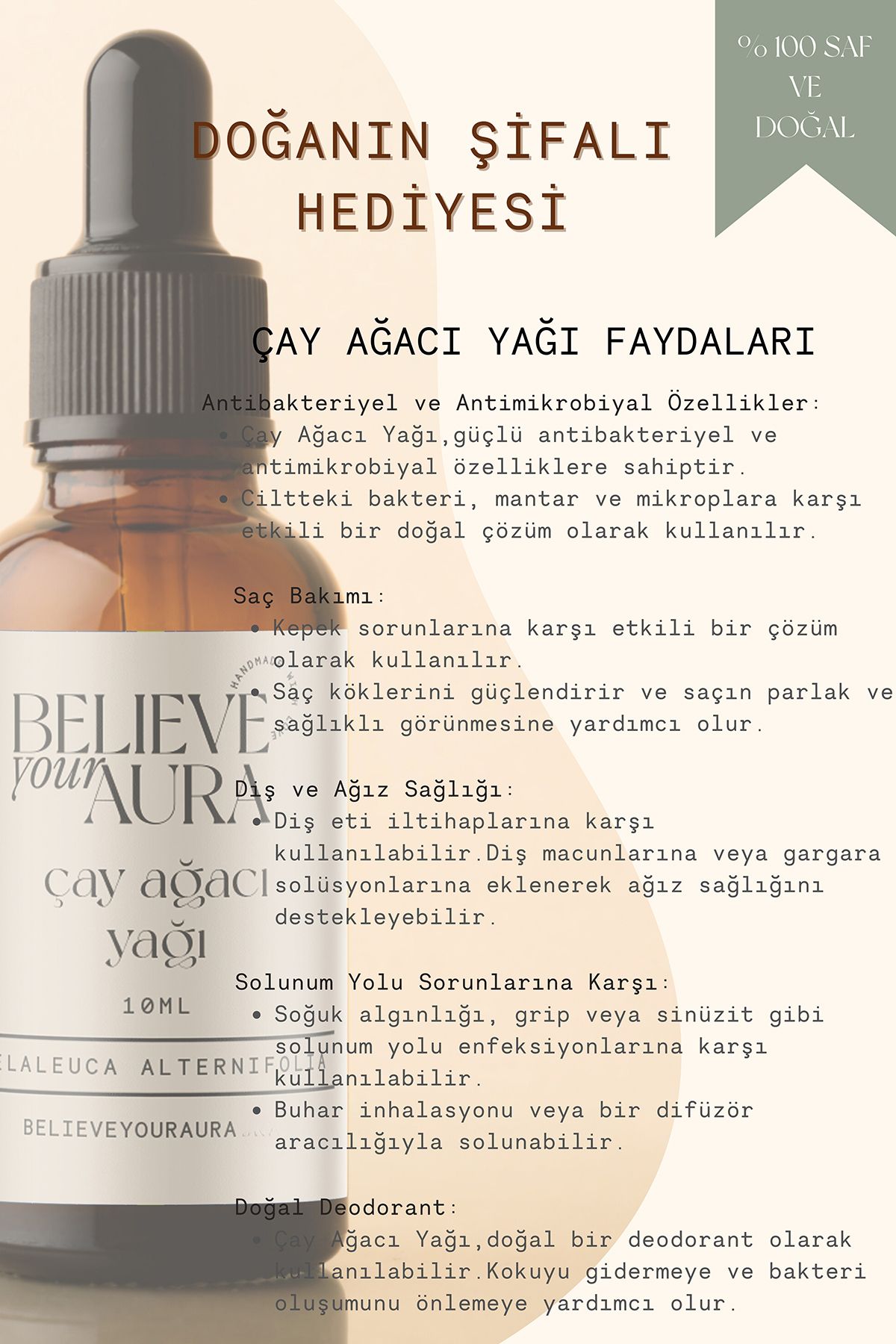 روغن درخت چای - روغن مراقبت از پوست و مو 100٪ خالص و ارگانیک - روغن درخت چای - 10 میلی لیتر Believe Your Aura