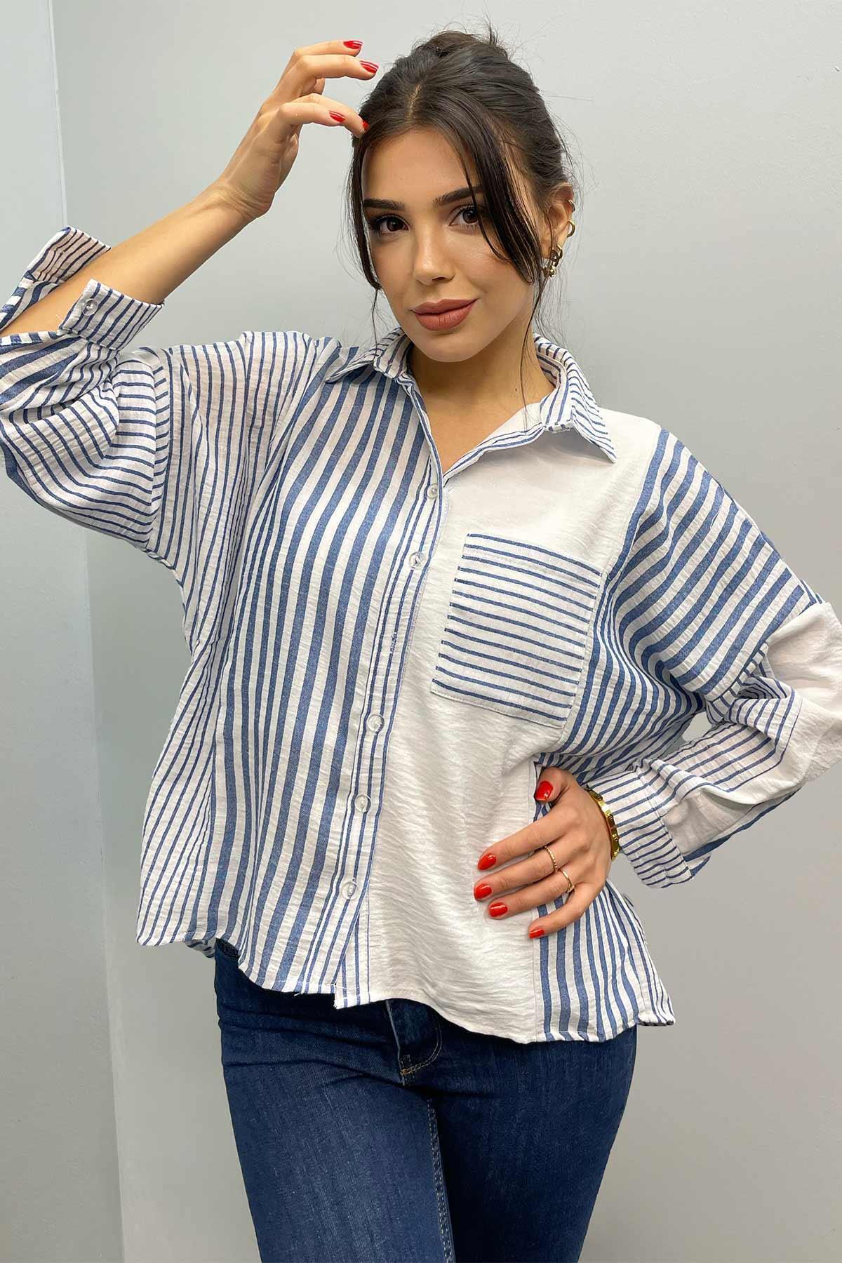 Striped Pocket Oversize Cotton Shirt