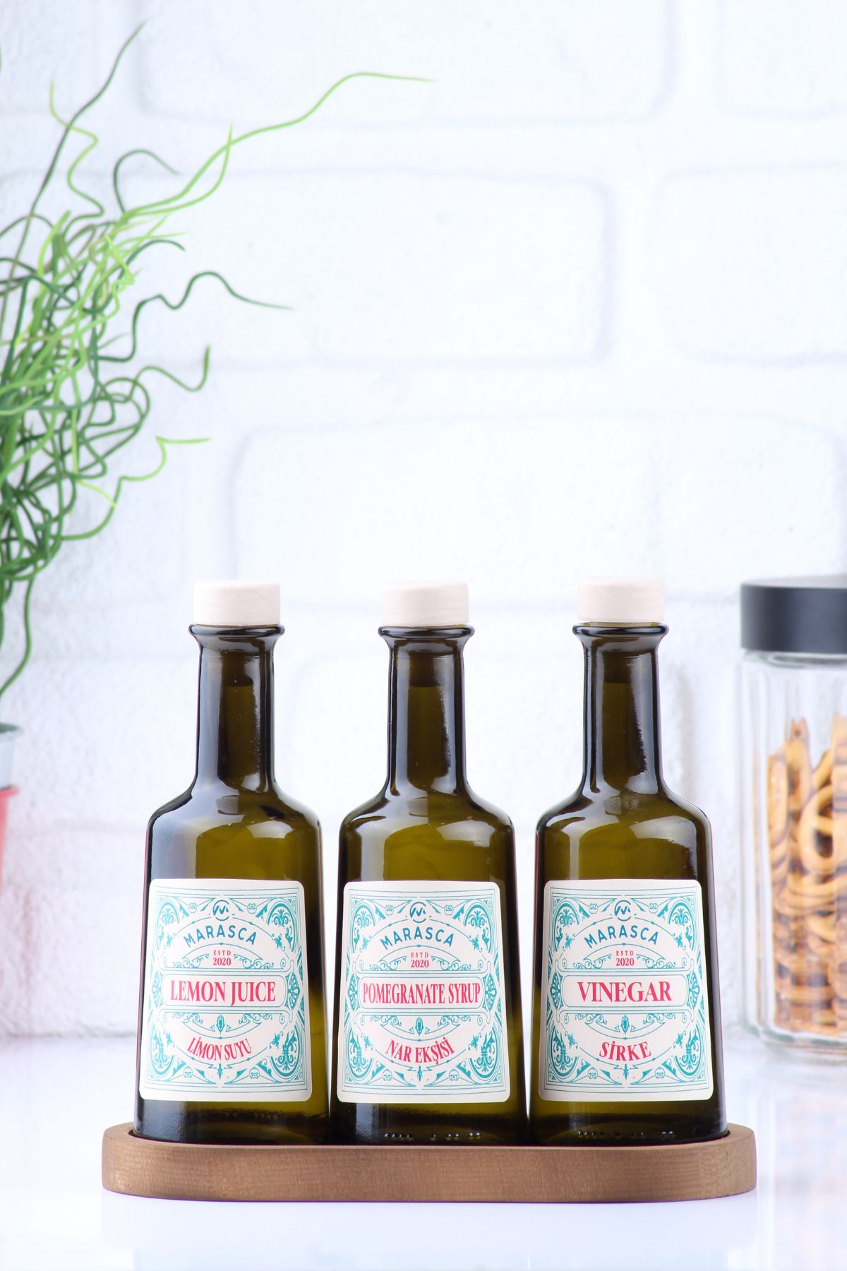 incili home-Marasca Wooden Stand Lemon Juice - Pomegranate Syrup - Vinegar Sauce Set Set of 3 250 ml Rustic Blue 3