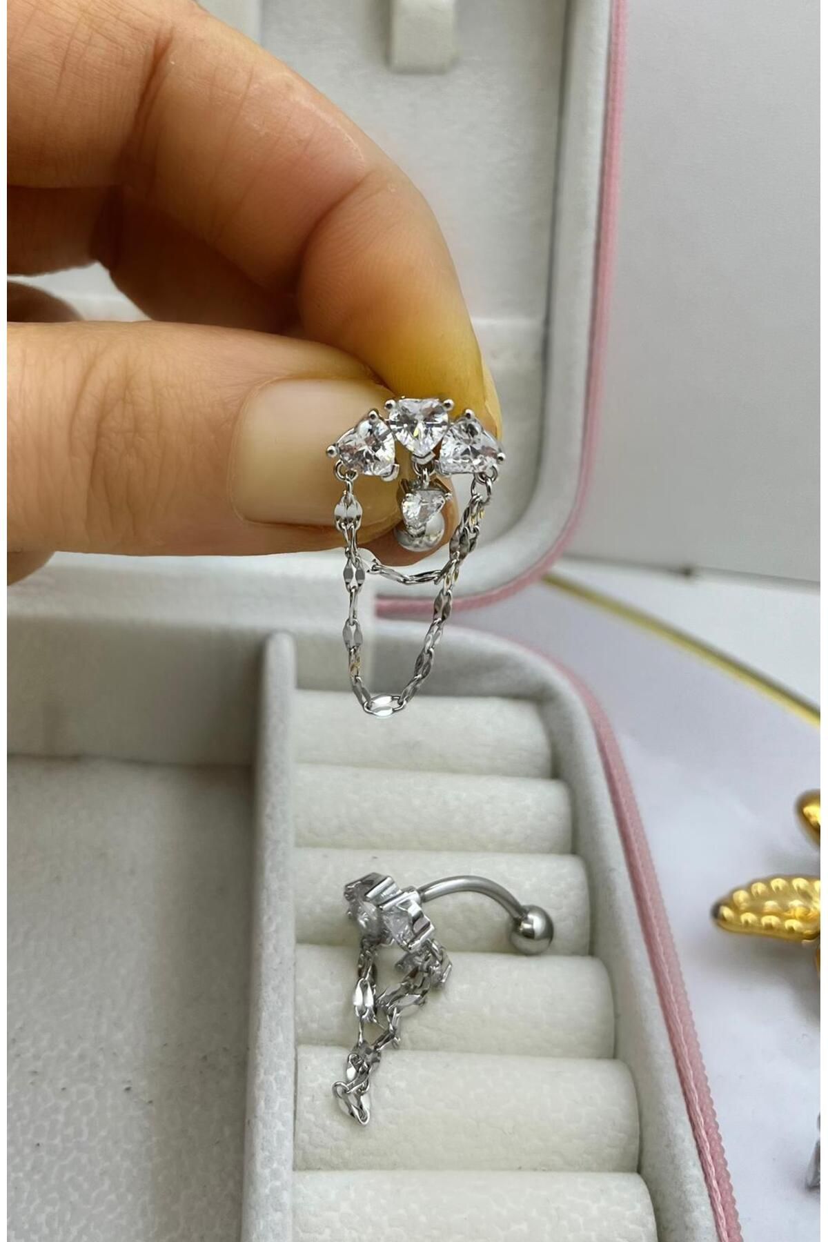 316L cerrahi çelik kalpli zincirli üstten takmalı sallantılı zirkon taşlı göbek piercingi