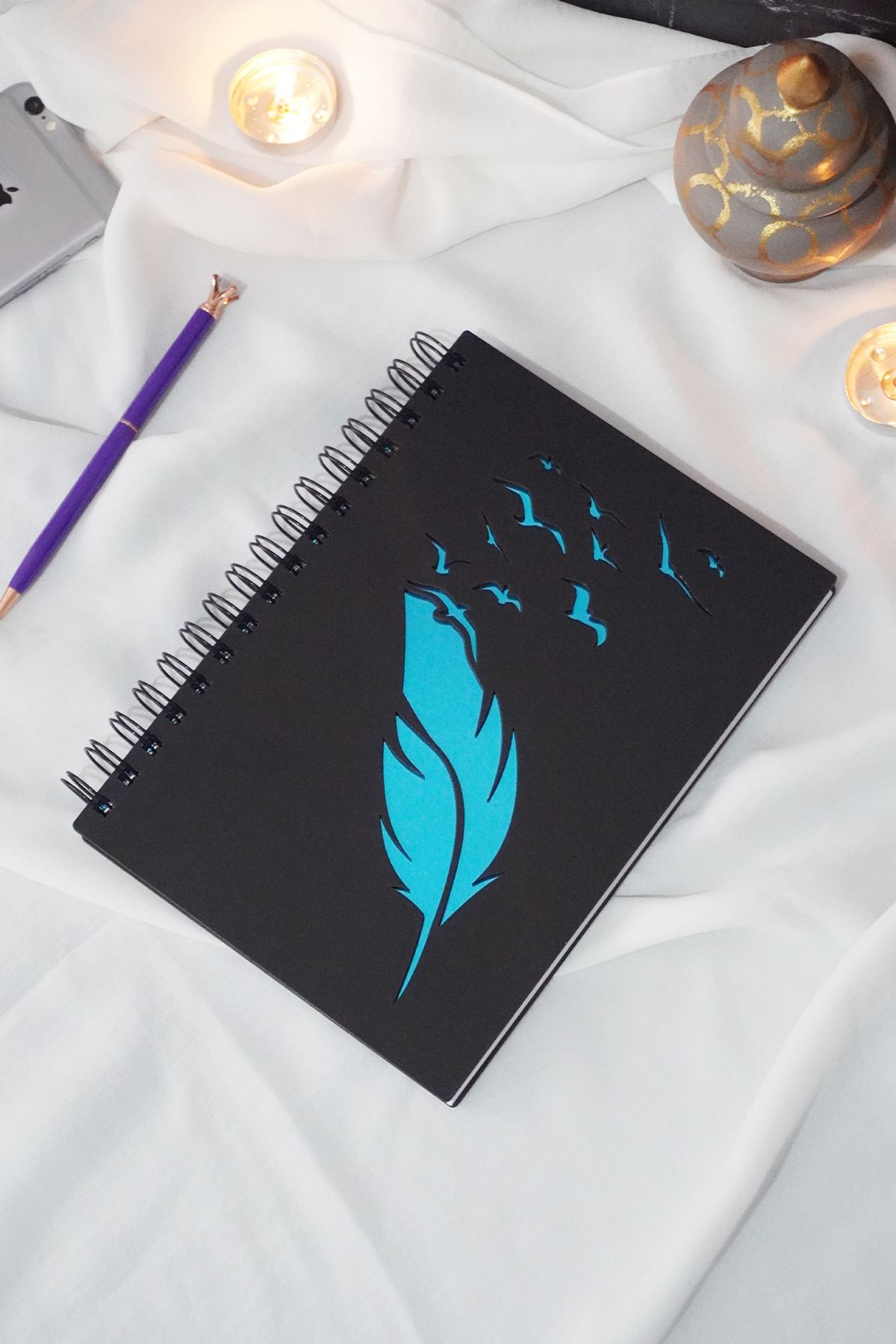 markcat-Bird Feather Design Black Wooden Cover Notebook - Unlined Notebook - Diary - Agenda - A5 Notebook 1