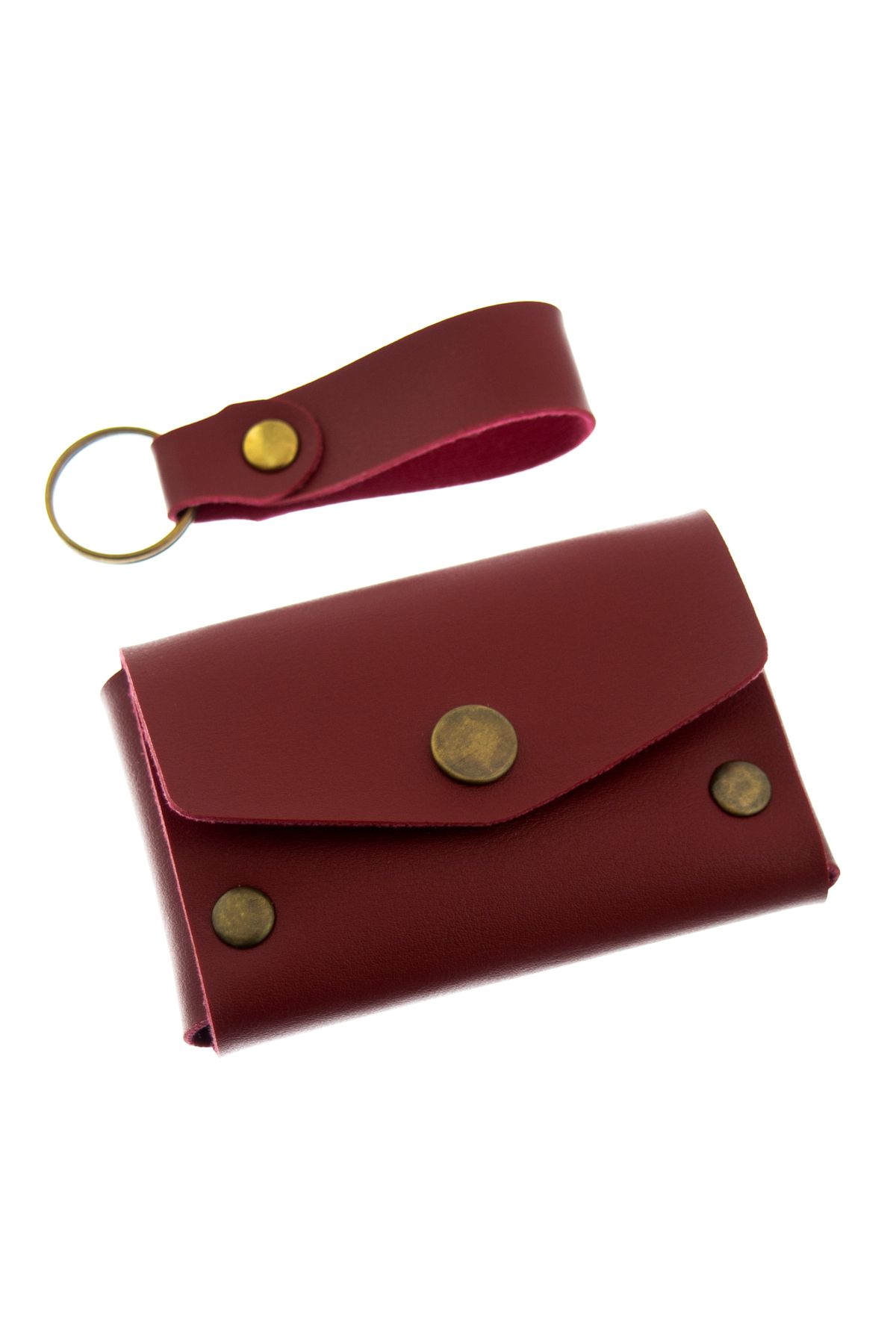 miawiki-Burgundy Color Leather Wallet and Keychain Set, High Quality Accessory 1