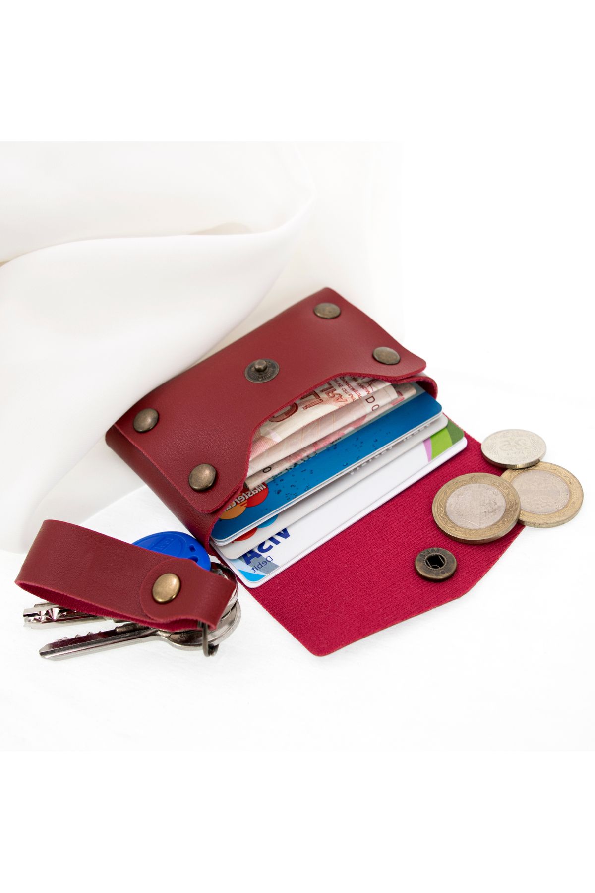 miawiki-Burgundy Color Leather Wallet and Keychain Set, High Quality Accessory 2