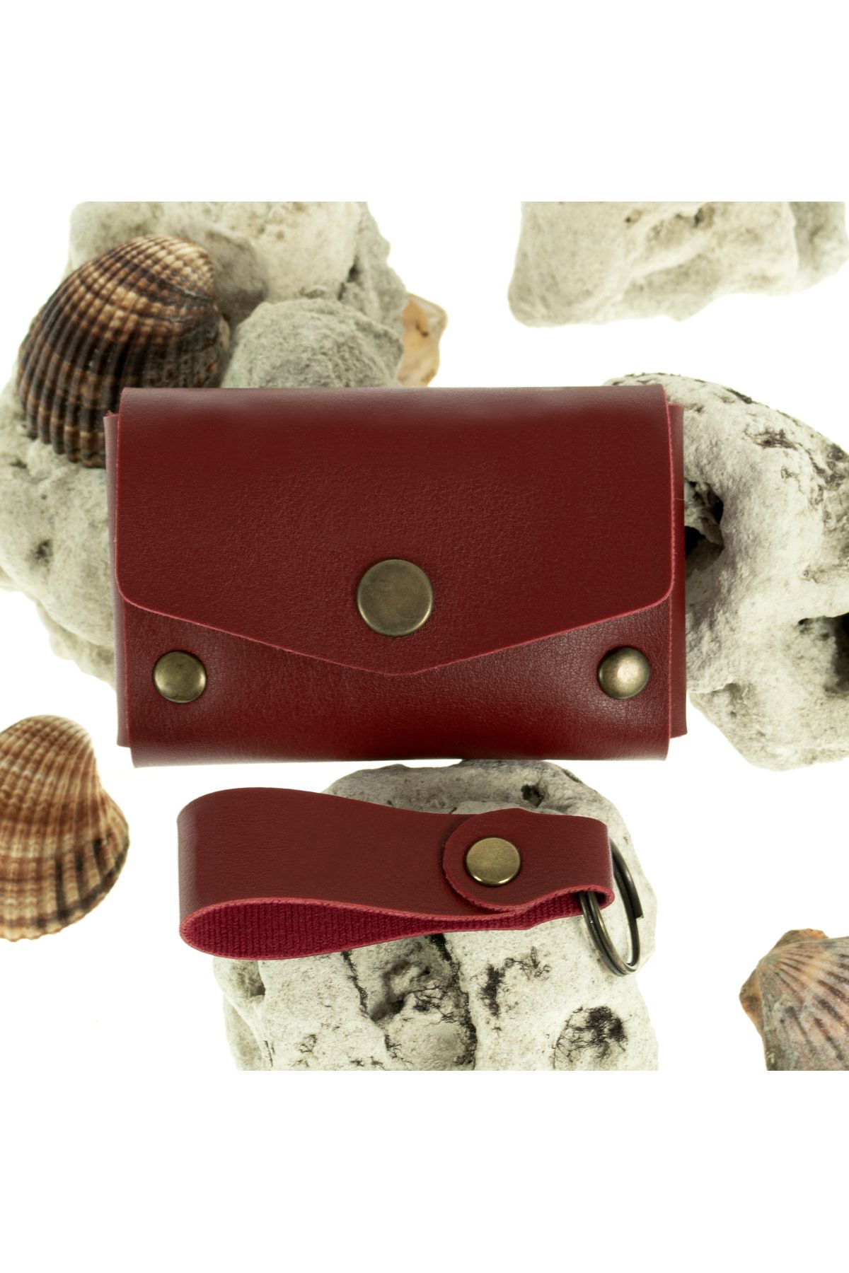 miawiki-Burgundy Color Leather Wallet and Keychain Set, High Quality Accessory 6