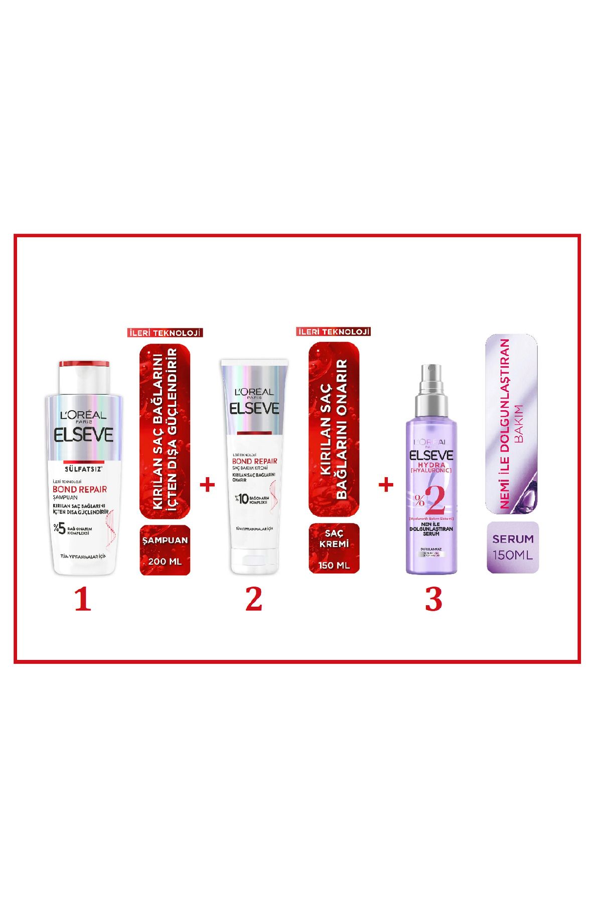 Bond Repair Güçlendirici Şampuan 200ml+Onarıcı Bakım Kremi 150ml+Hyaluronic Sıvı Bakım Serum 150ML