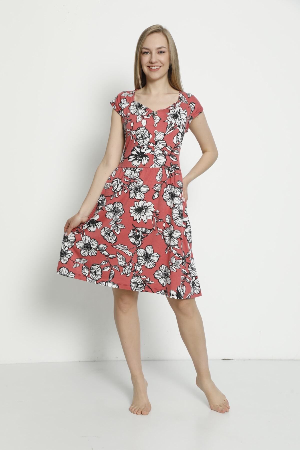 İntensive-Women's Short Sleeve Patterned Buttoned Pocket Combed Cotton Modal Cotton Dress 2