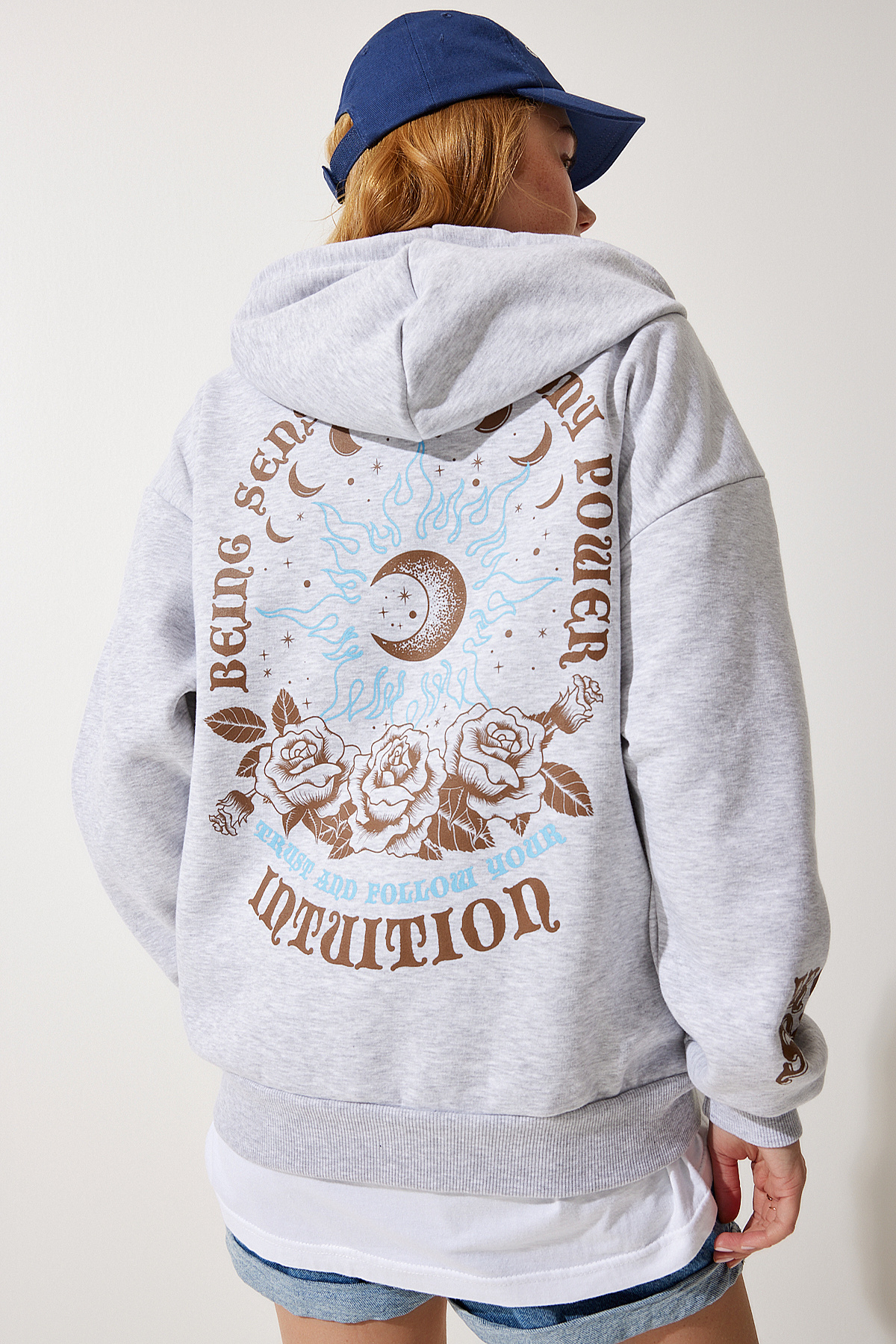 Happiness İstanbul  Kadın Gri Kapüşonlu Şardonlu Örme Sweatshirt UB00251 - Görsel 4