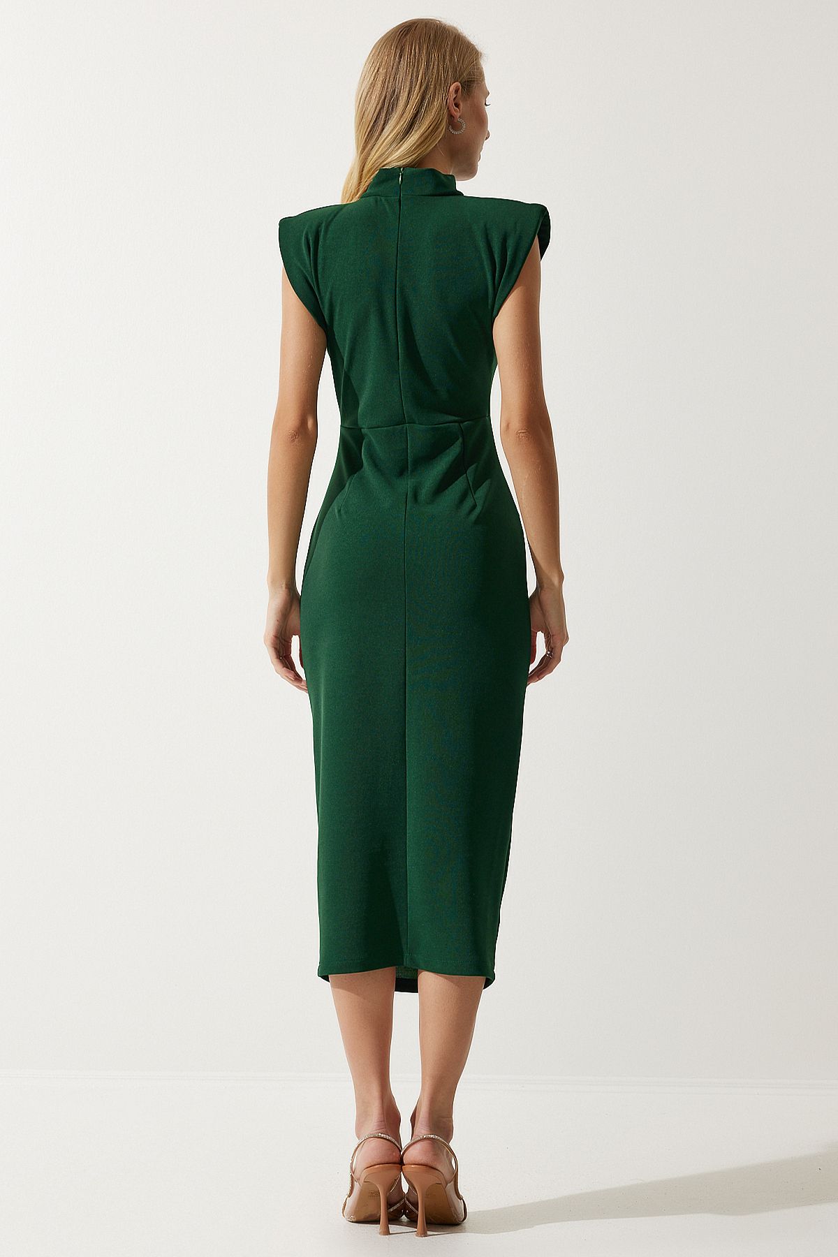 Happiness İstanbul-Stilvolles Wickel-Strickkleid mit Brosche und Kordelzug in Smaragdgrün für Damen DE00029 5