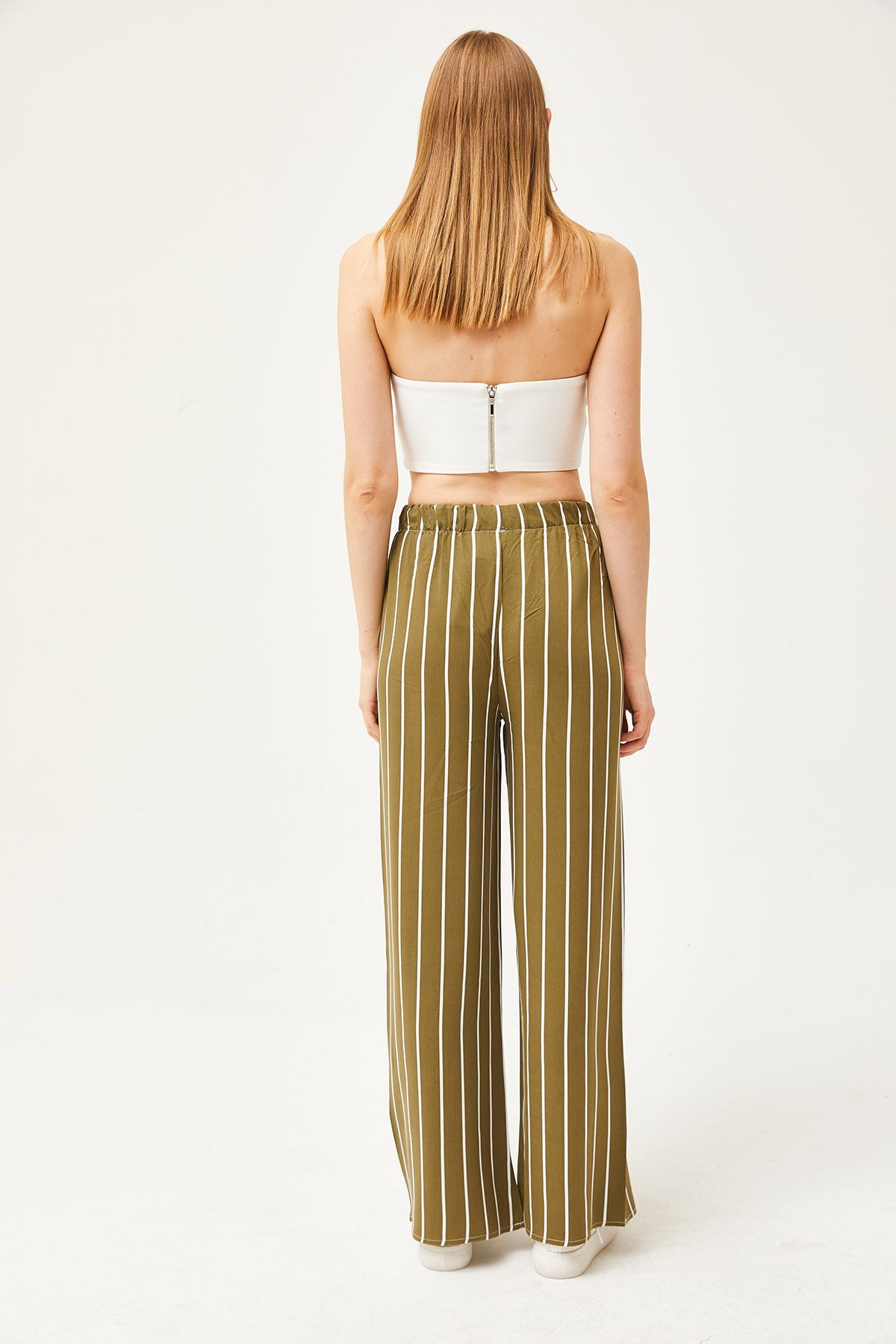 Olalook-Women's Striped Khaki Patterned Woven Viscose Palazzo Trousers PNT-19000264 5