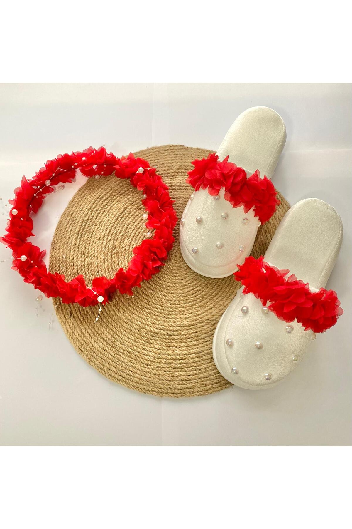 irembaby Anne Lohusa Seti Kırmızı İncili Çiçekli Lohusa Tacı ve Terliği Lohusa Takımı