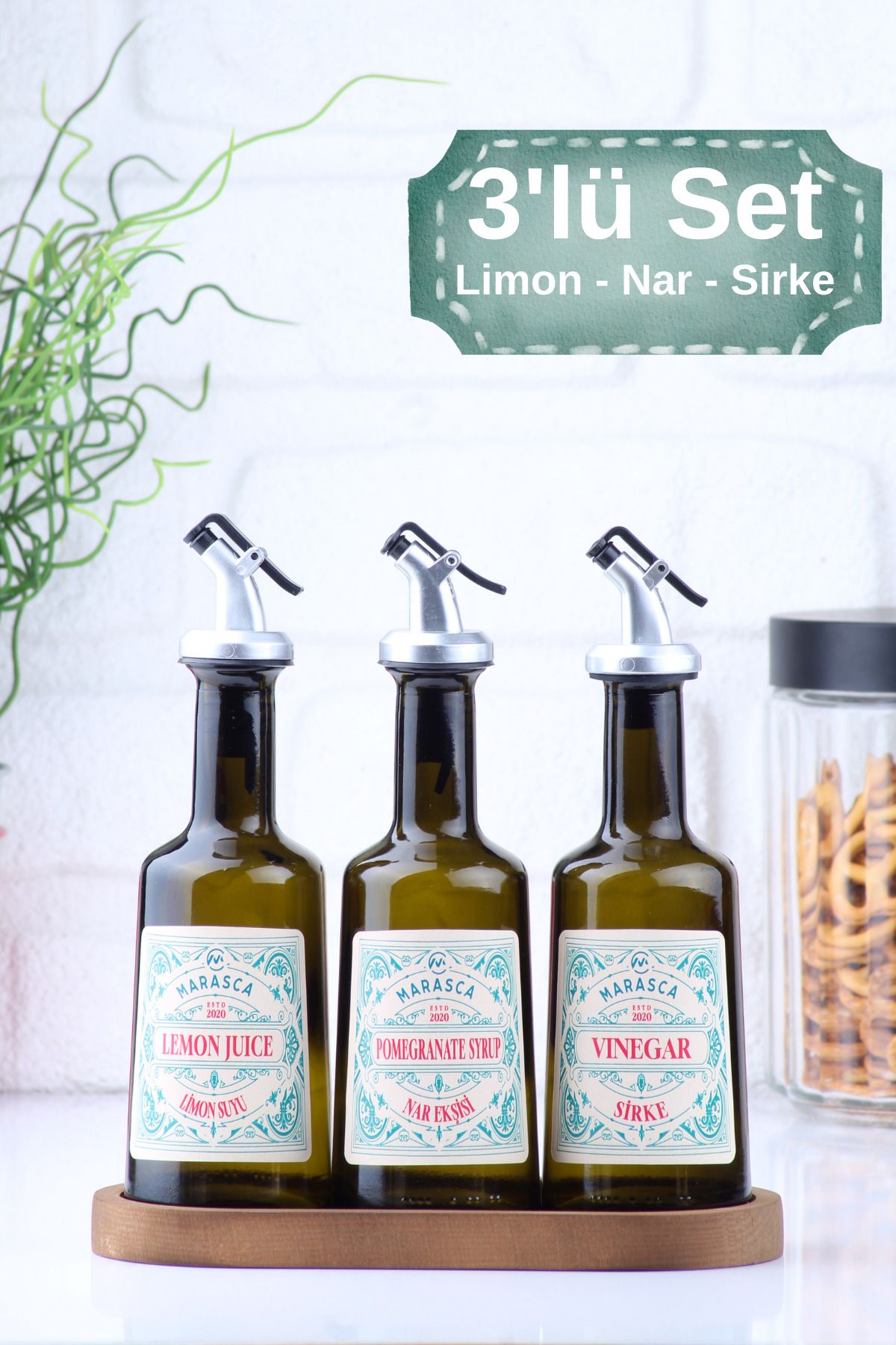 incili home-Marasca Wooden Stand Lemon Juice - Pomegranate Syrup - Vinegar Sauce Set Set of 3 250 ml Rustic Blue 1