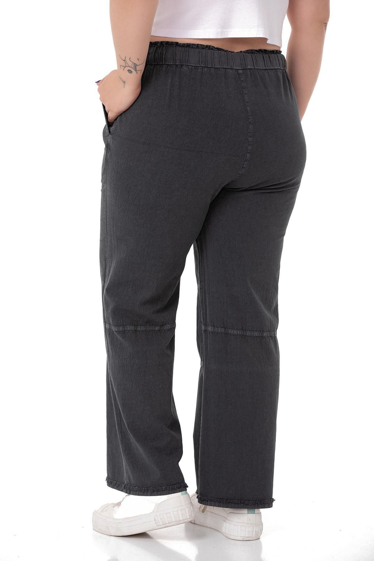 DISENTIS MODEST-Large Size Black Trousers with Tassels and Sequins Detail and Pockets 3