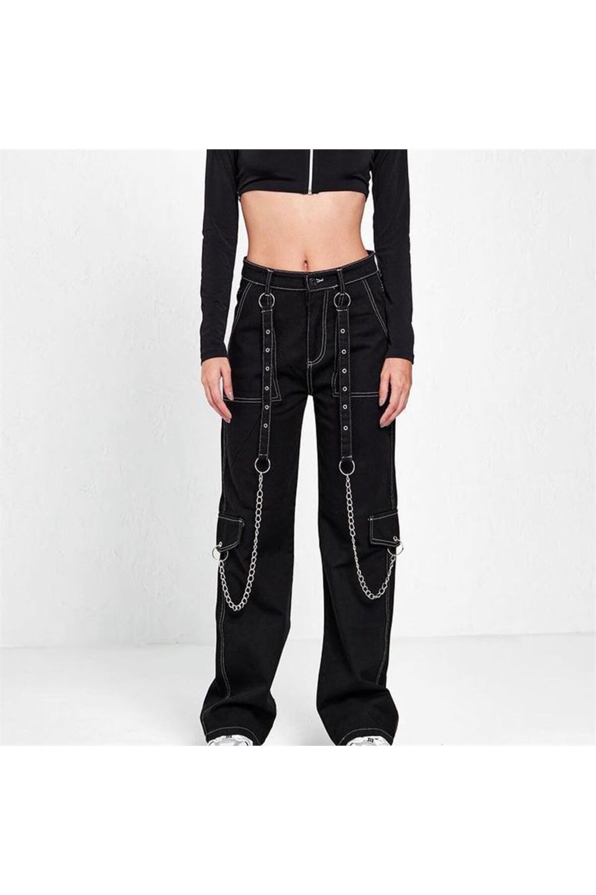 Black trousers shop with white stitching