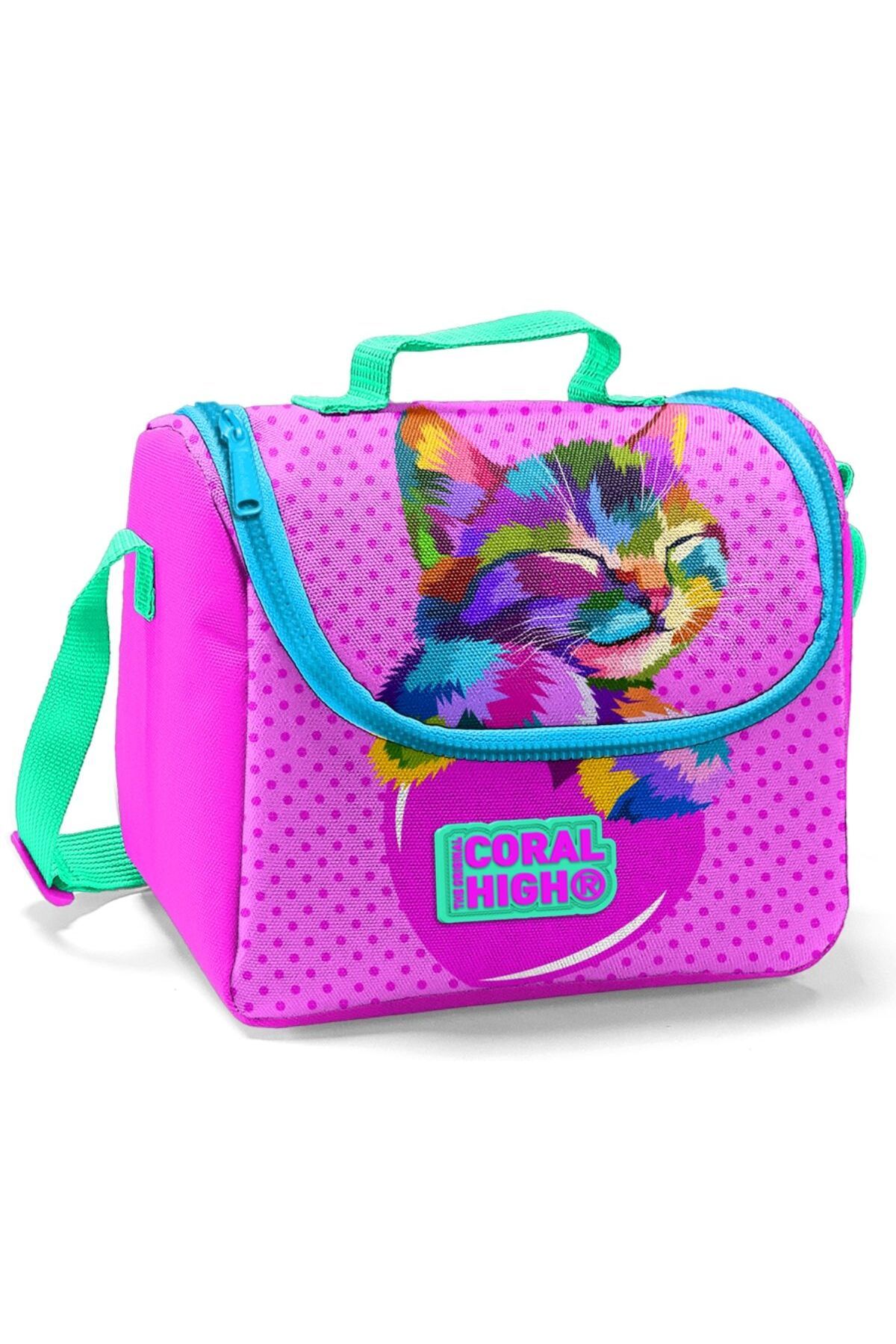 Coral High-Cute Cat Printed Thermos Lunch Bag - Girl 1