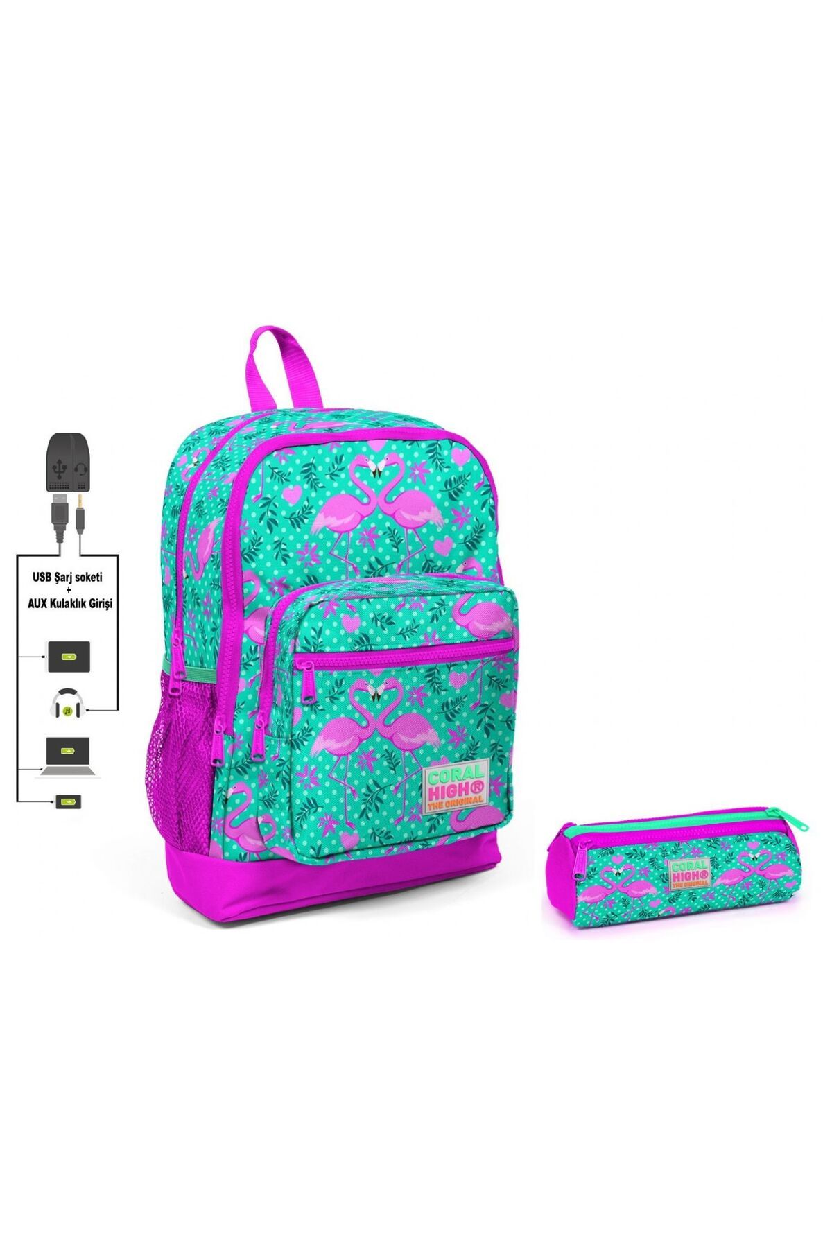 Coral High Set Rucsac Și Suport Stilou Pentru Școală Primară Cu Imprimeu Flamingo Verde - Fată - Cu Priză Usb Femeie - One Size
