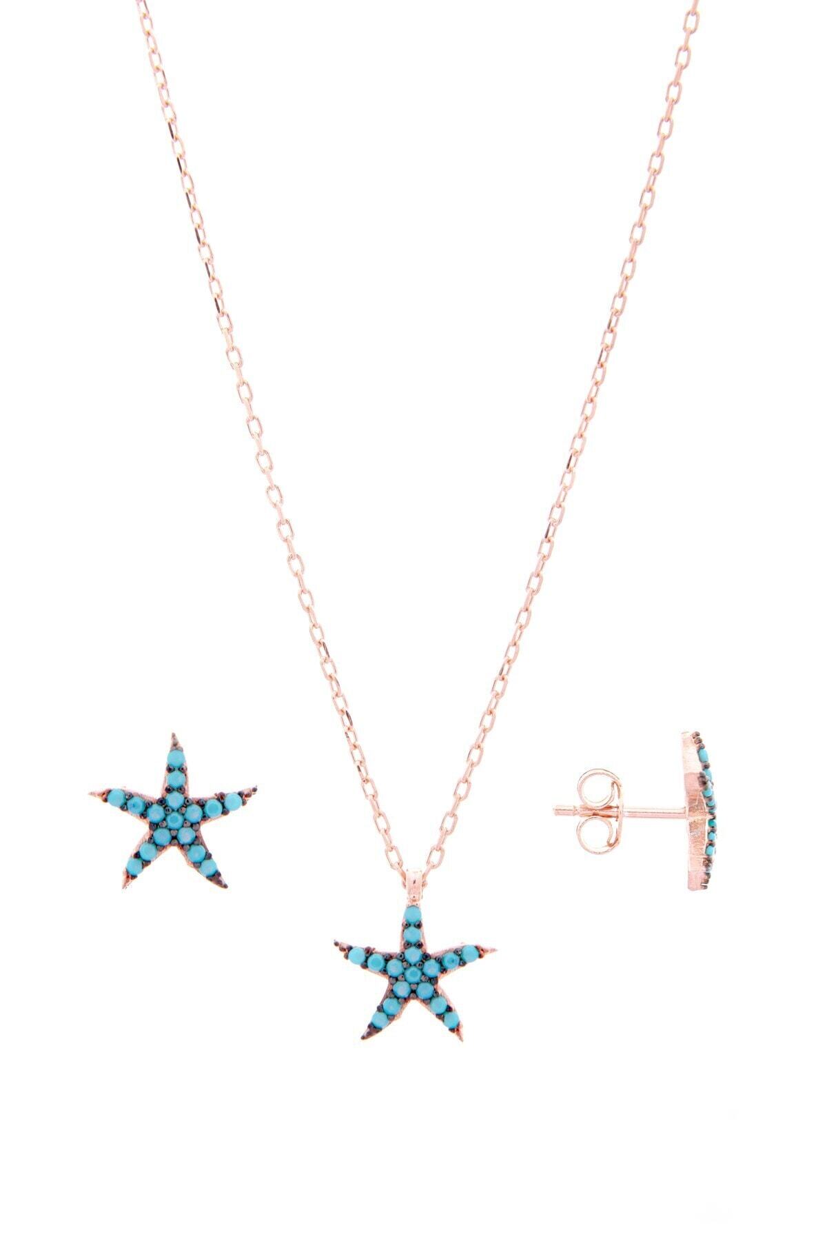 Hiç Gümüş Zirkon Taşlı Deniz Yıldızlı 925 Ayar Gümüş Rose Küpe-kolye Takım