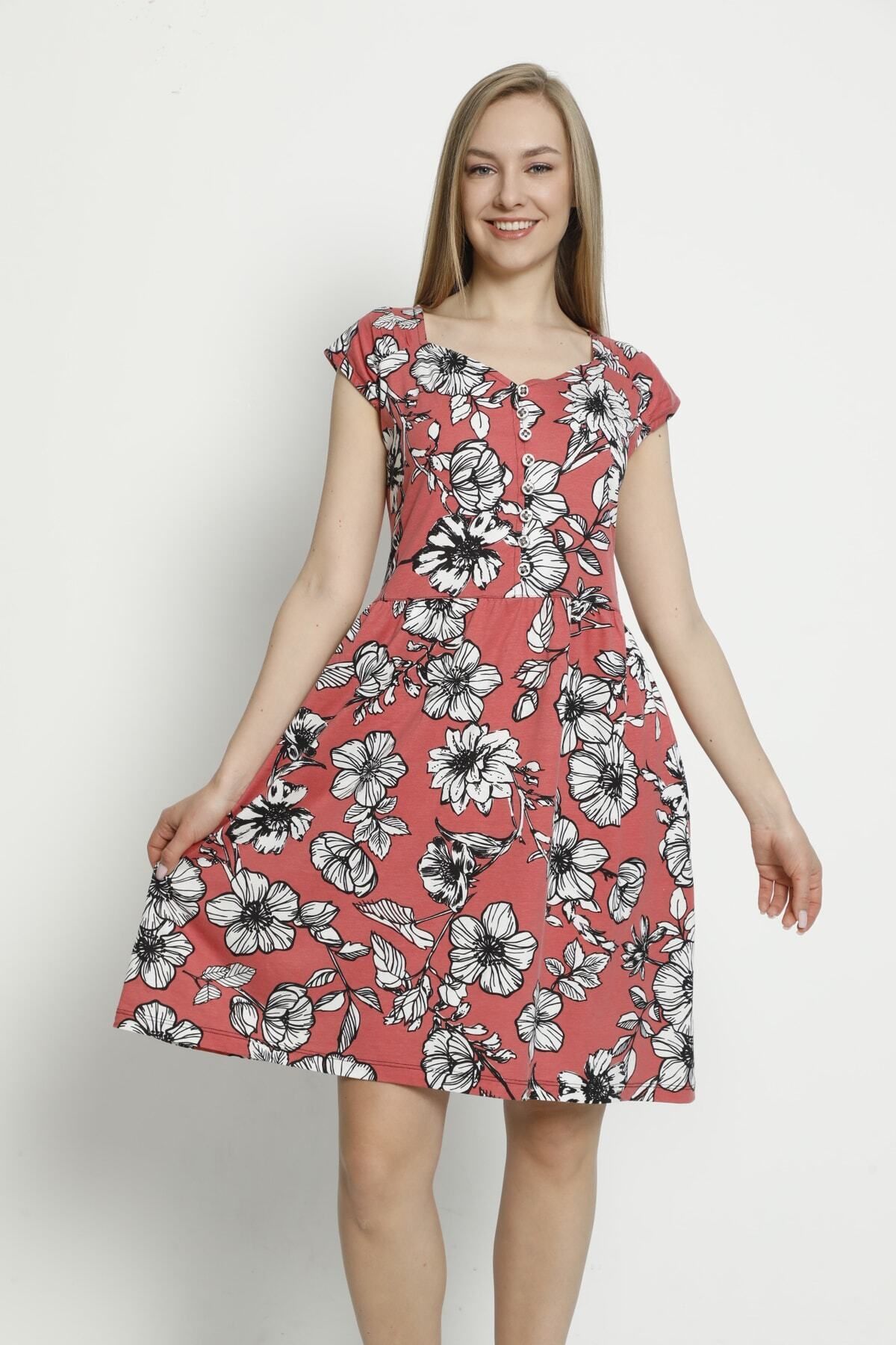 İntensive-Women's Short Sleeve Patterned Buttoned Pocket Combed Cotton Modal Cotton Dress 5