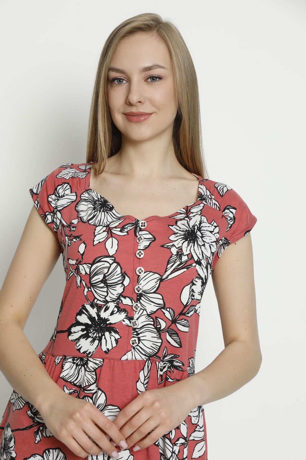 İntensive-Women's Short Sleeve Patterned Buttoned Pocket Combed Cotton Modal Cotton Dress 6